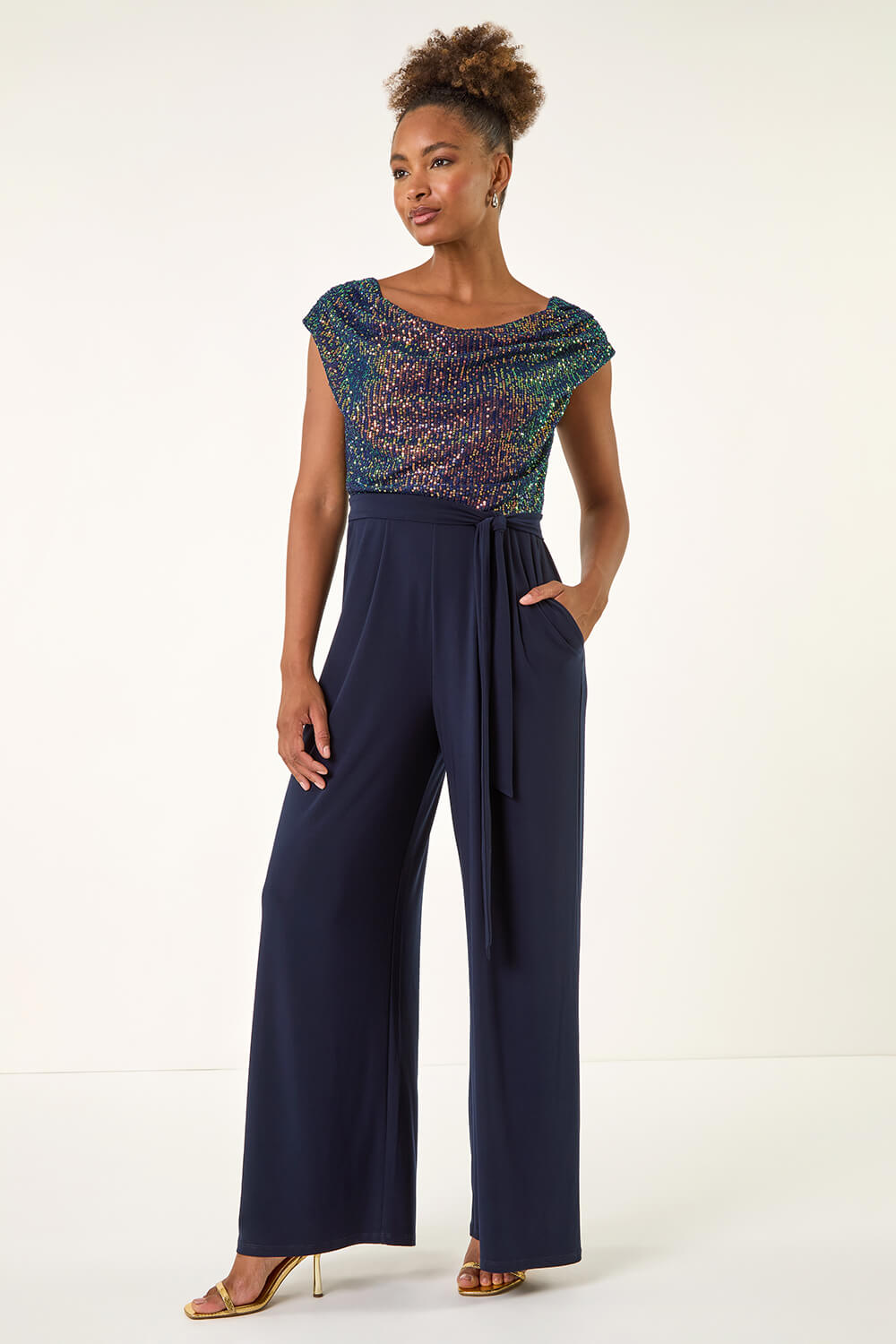 Navy Sequin Bodice Cowl Neck Jumpsuit, Image 1 of 5