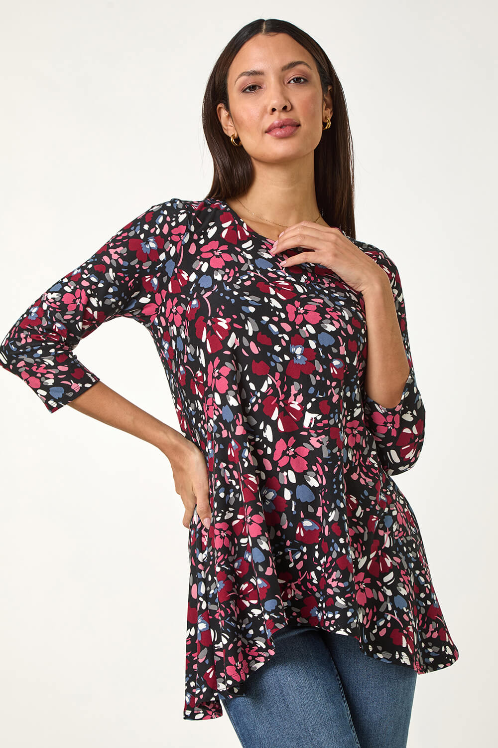 PINK Floral Print Swing Stretch Tunic Top, Image 1 of 5