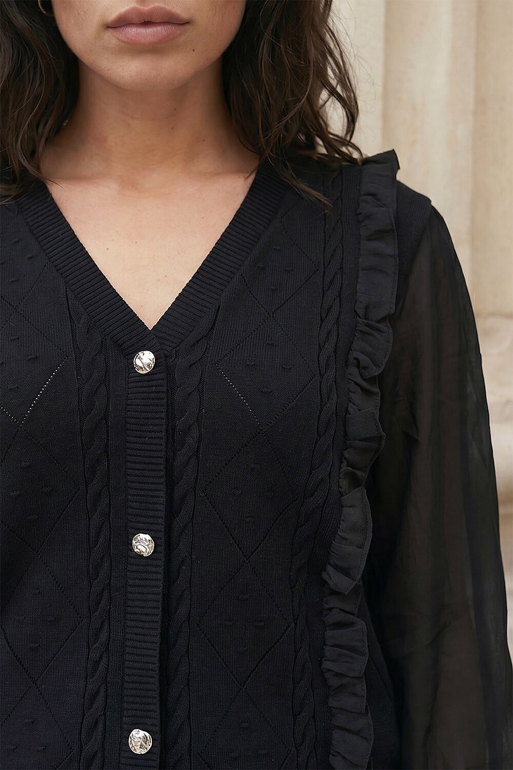 Black Woven Sleeve Buttoned Knit Jumper, Image 5 of 4