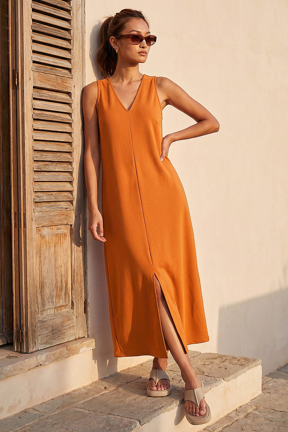 Rust Soft Pique Stretch Midi Dress, Image 1 of 4