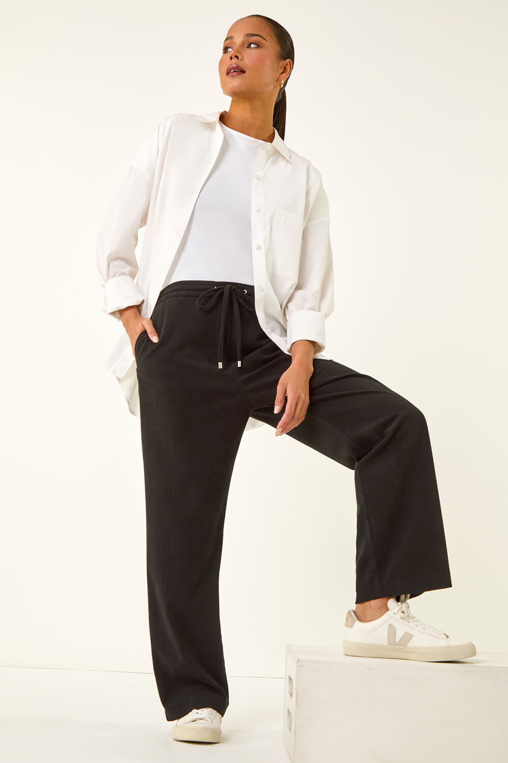 Black Petite Corduroy Drawstring Trouser, Image 3 of 5