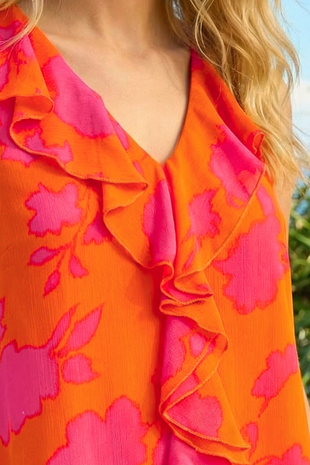 Orange Tropical Print Ruffle Vest Top, Image 5 of 4