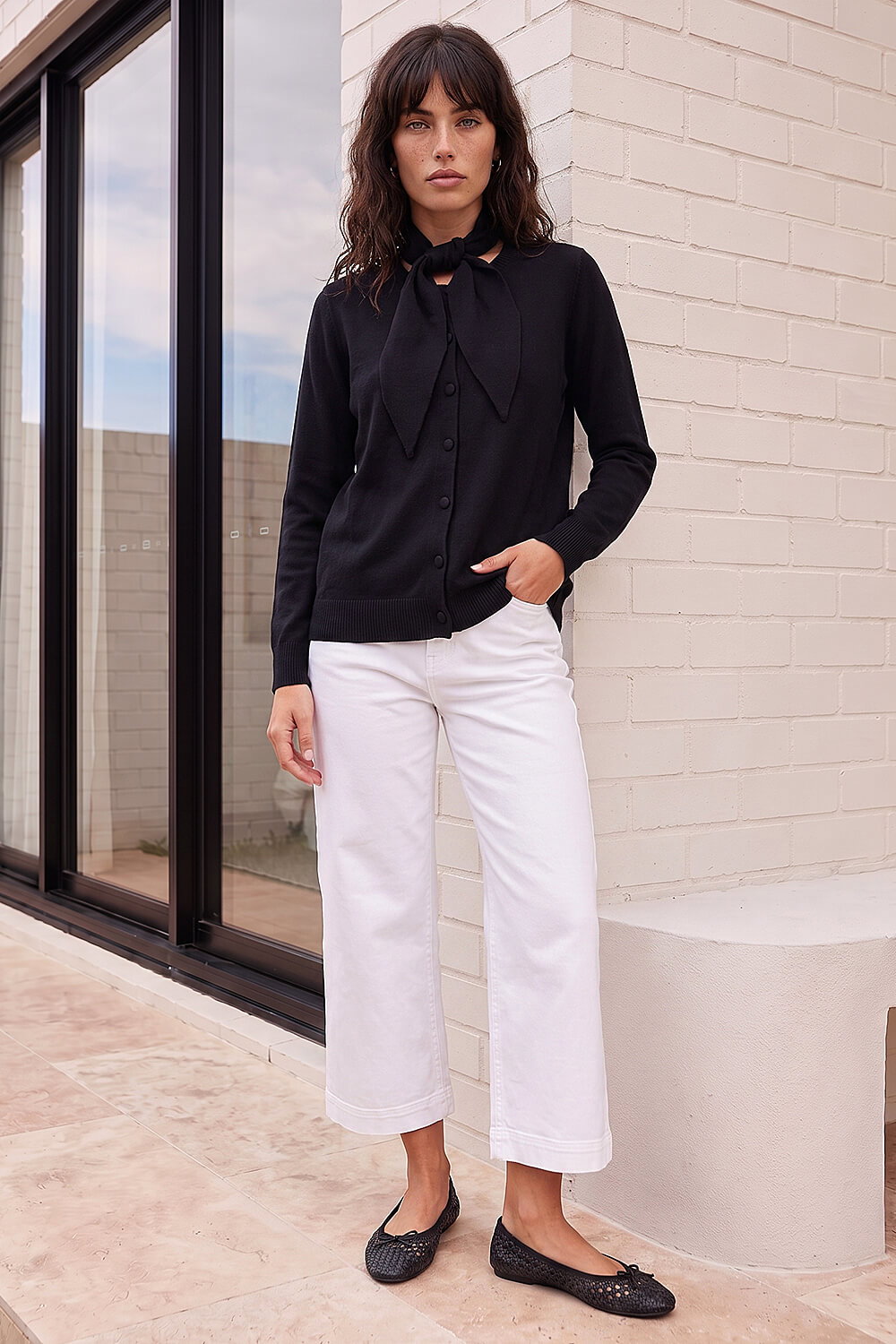 Black Tie Neck Soft Knit Cardigan, Image 4 of 5