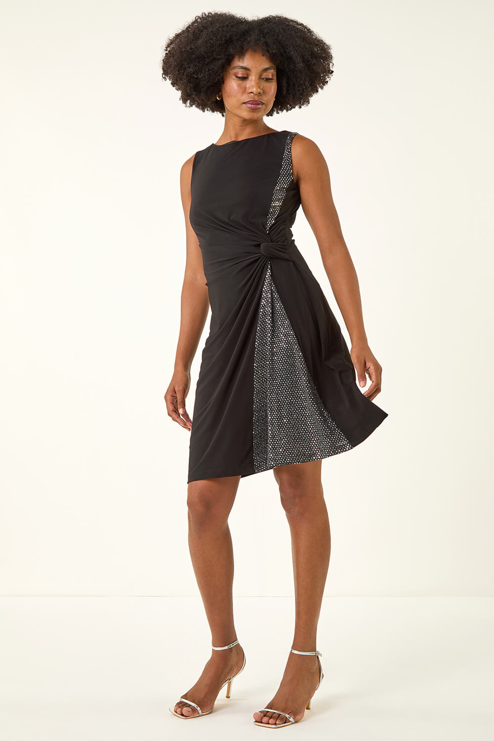 Black Side Twist Sleeveless Glitter Dress, Image 3 of 6