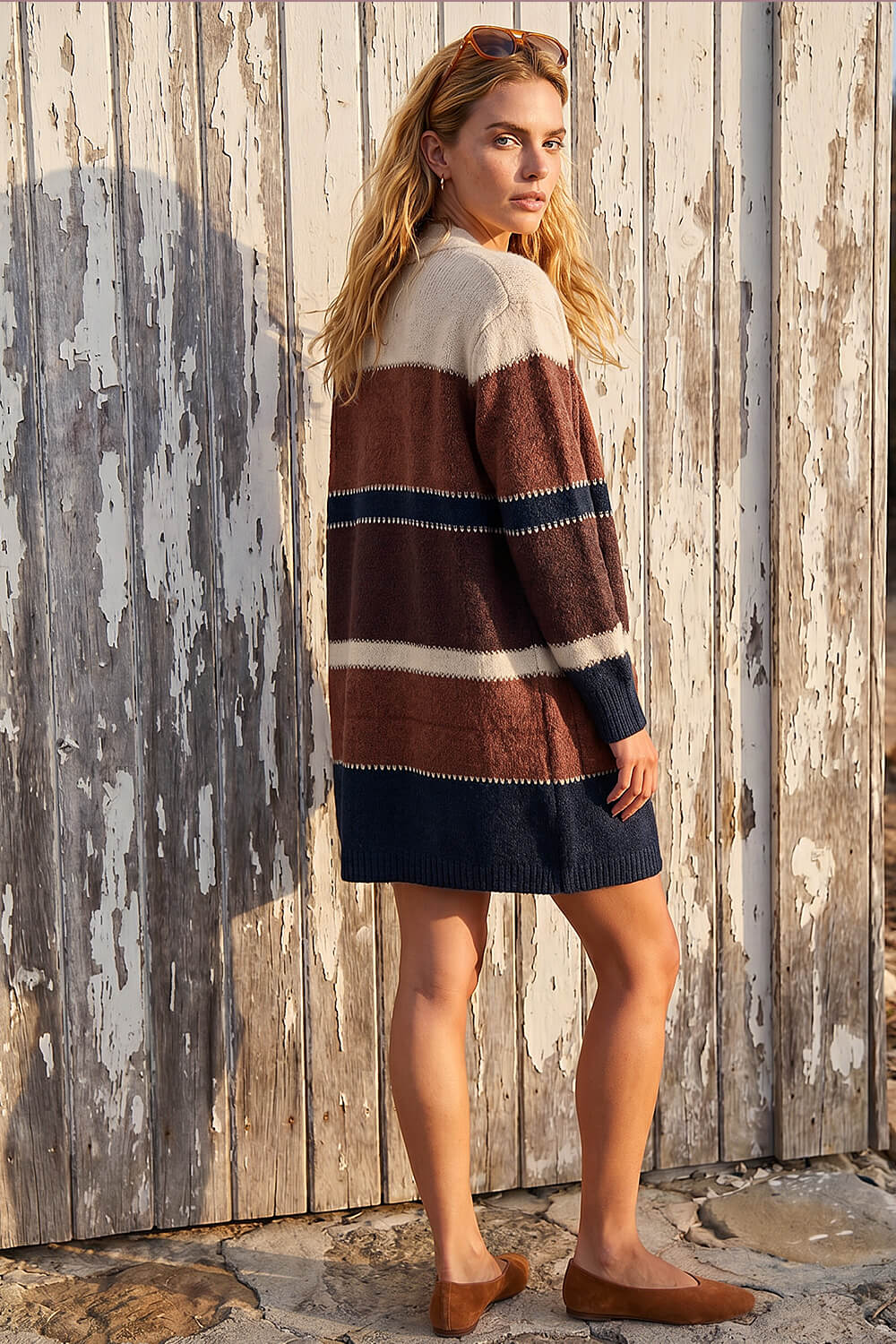 Brown Colour Block Longline Knit Cardigan, Image 4 of 4