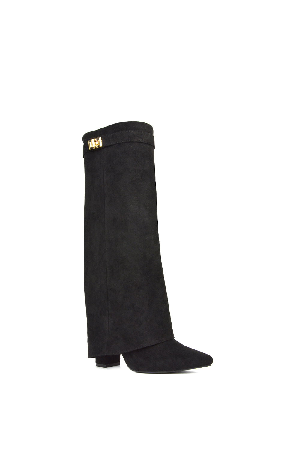 Black 'Rayna' Block Heel Knee High Foldover Boots With Pointed Toe, Image 2 of 6