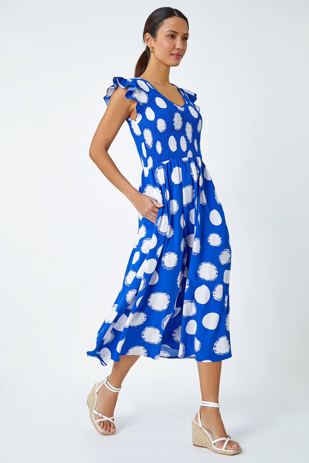 Royal Blue Polka Dot Shirred Stretch Midi Dress, Image 3 of 5