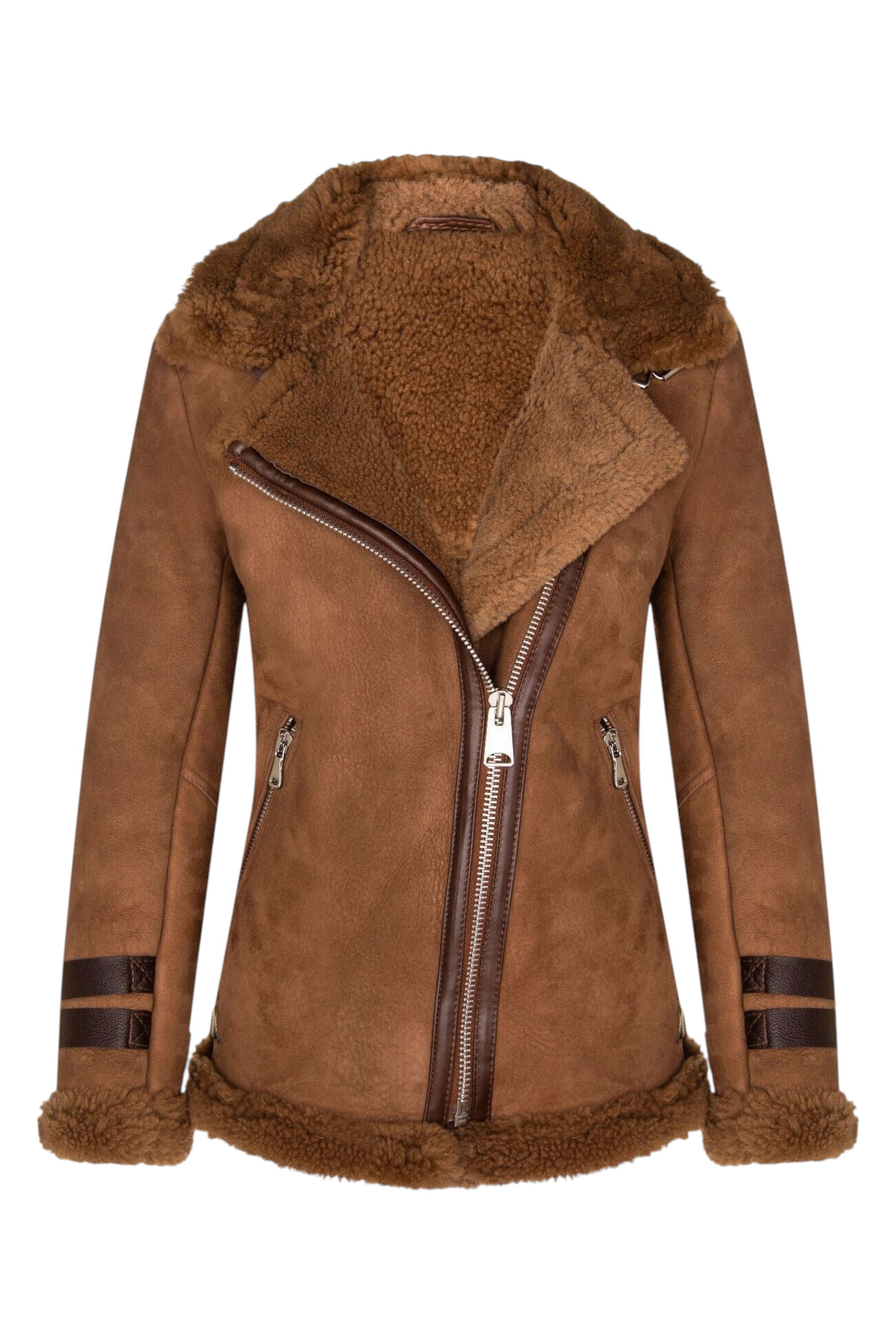 Brown Womens Sheepskin Biker Jacket - Alamar, Image 1 of 4