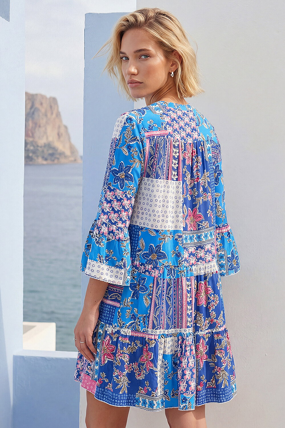 Blue Patchwork Print Swing Dress, Image 4 of 4