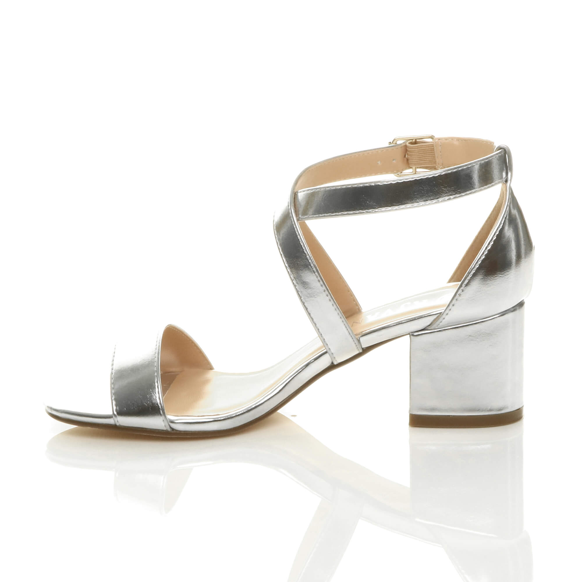 Silver AJVANI Silver Mid Block Heel Crossed Straps Sandals, Image 3 of 6