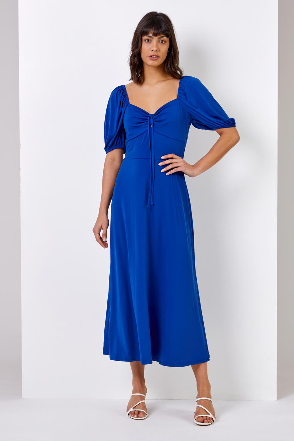 Royal Blue Ruched Jersey Tie Detail Midi Dress, Image 4 of 4