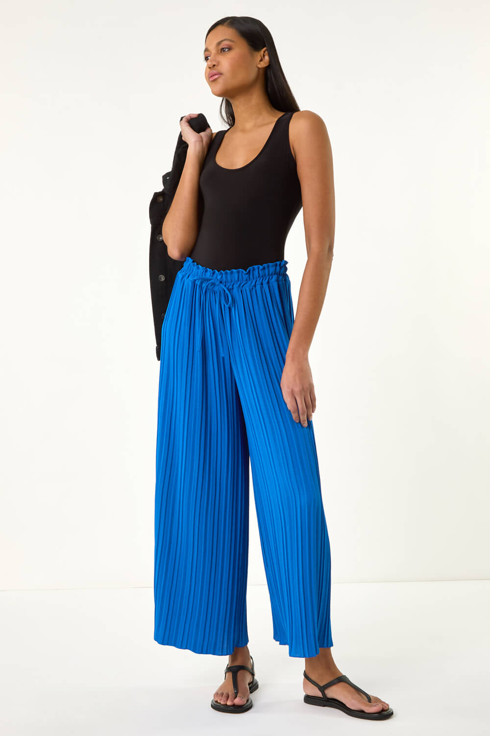 Royal Blue Pleated Wide Leg Culottes, Image 3 of 5