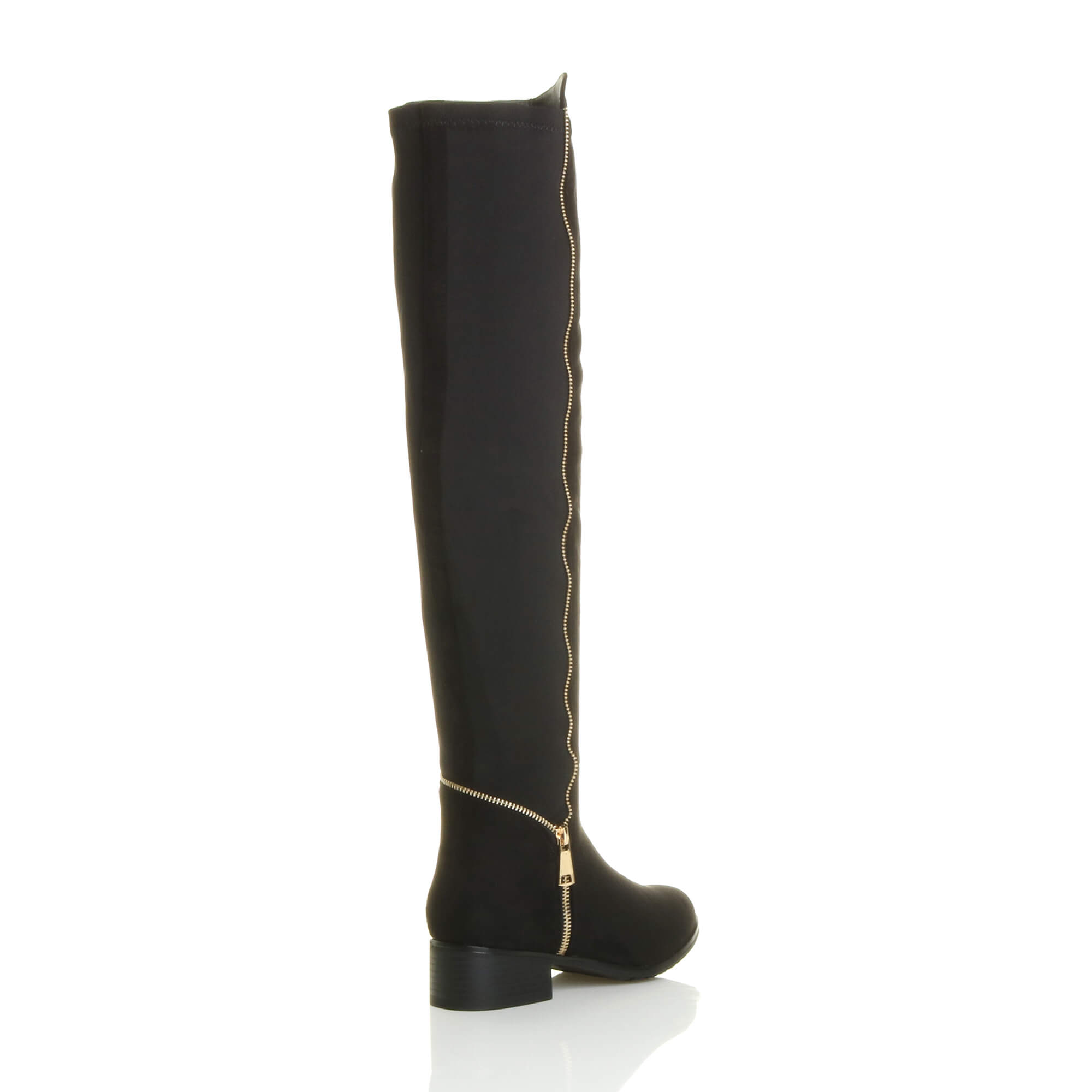 Black AJVANI Black Elastic Gold Zip Over The Knee Boots, Image 4 of 6