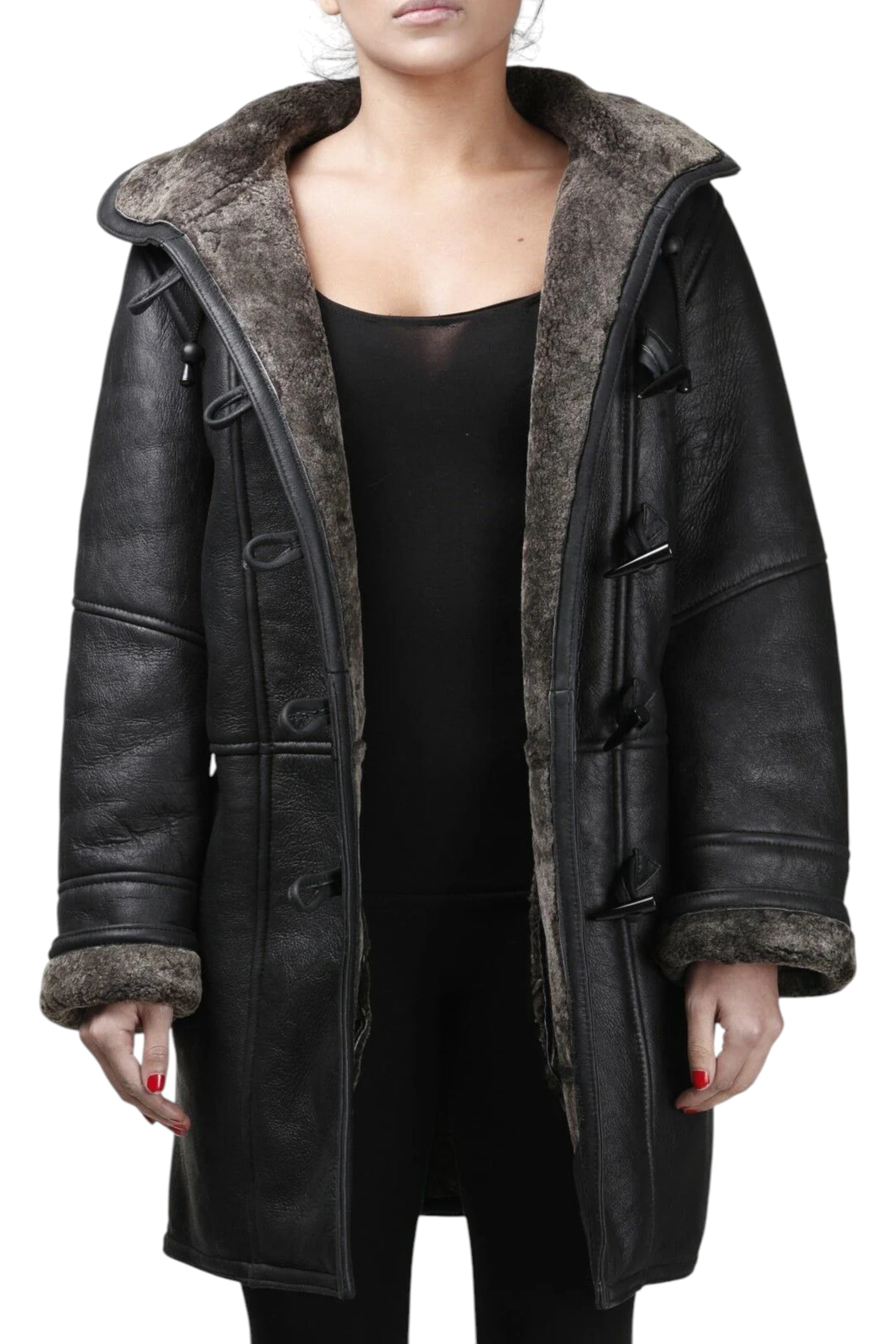 Black Womens Shearling Hooded Duffle Coat-Lile, Image 4 of 6