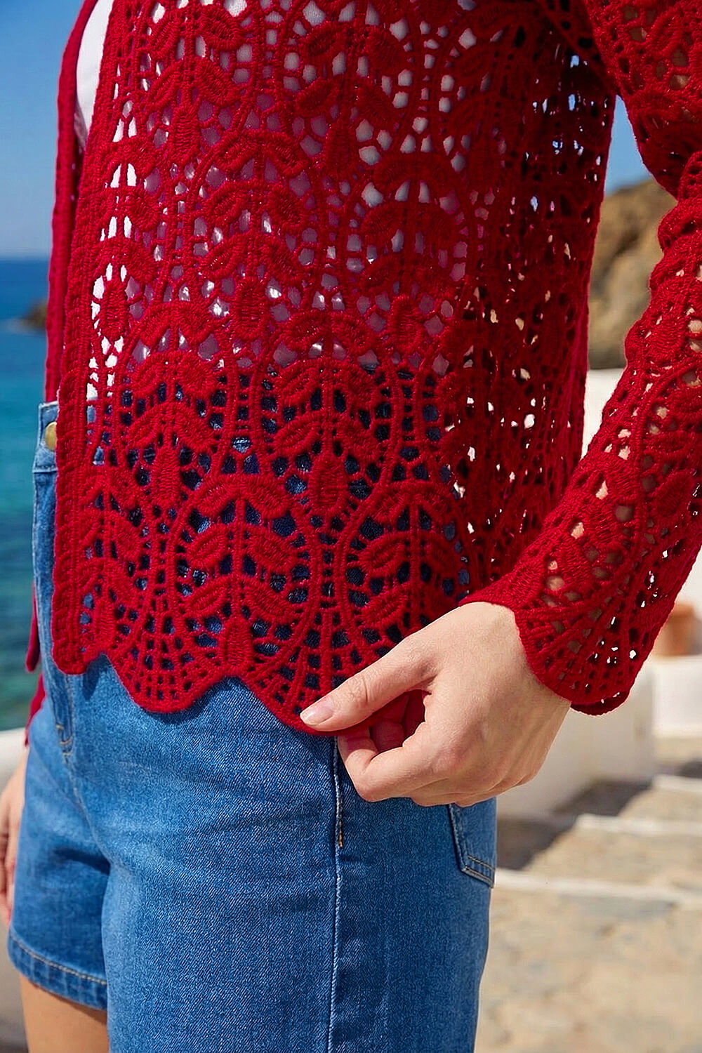 Burgundy Crochet Edge To Edge Cardigan, Image 5 of 4