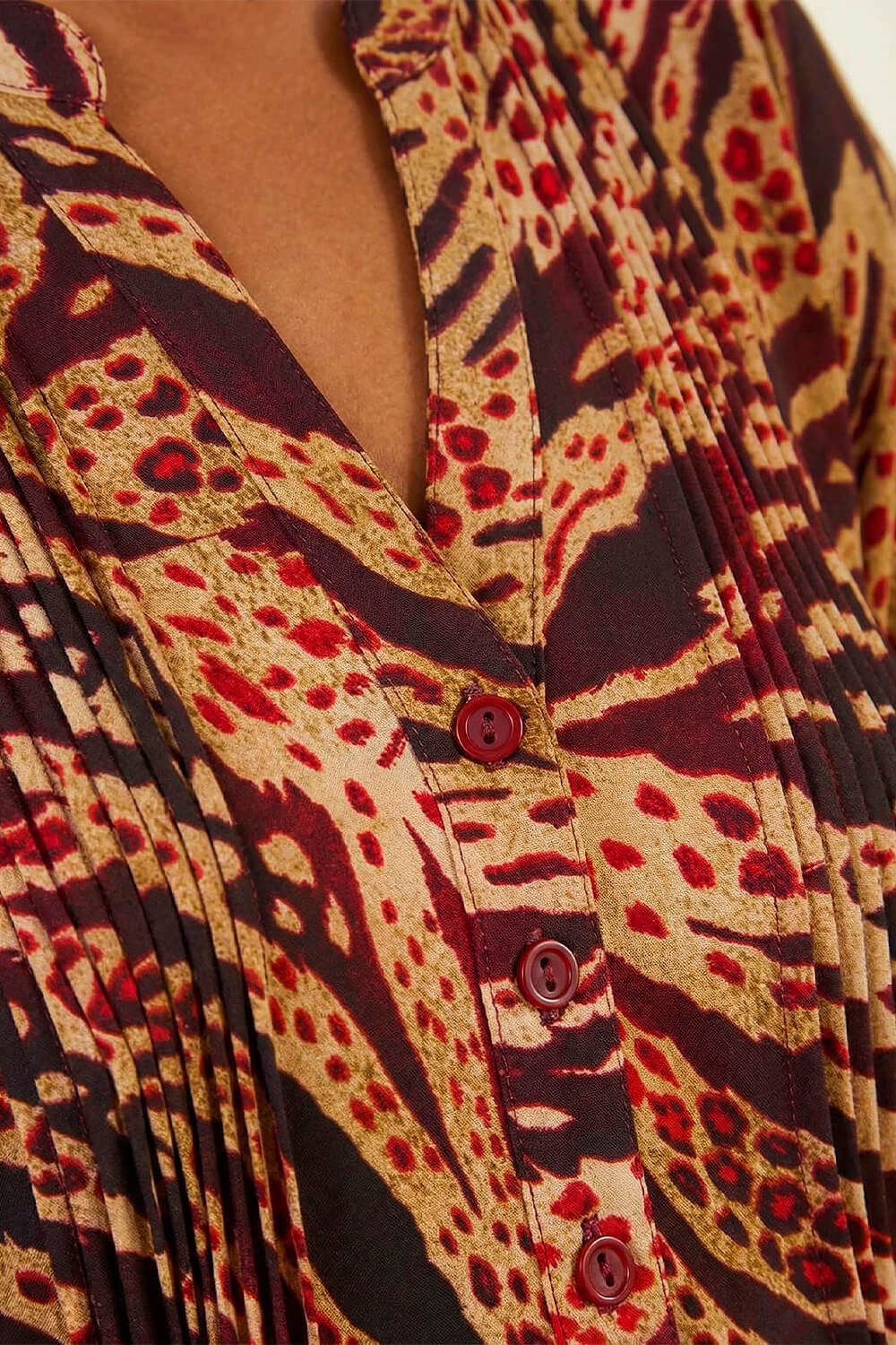 Burgundy Animal Print Pintuck Shirt, Image 5 of 4