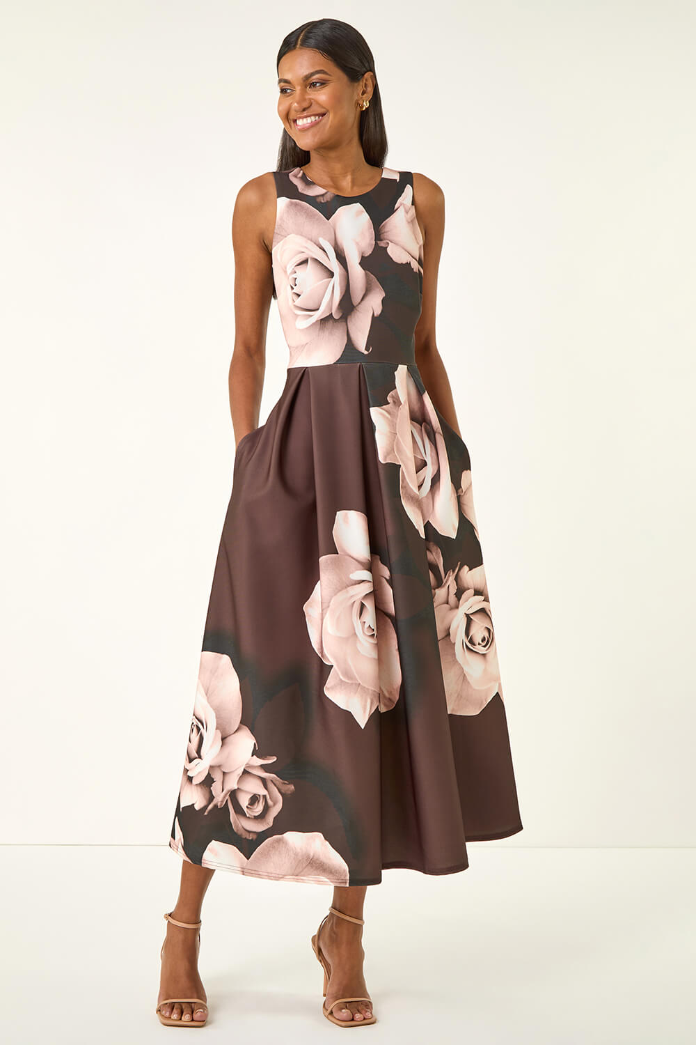 Chocolate Floral Print Premium Stretch Midi Dress, Image 3 of 5