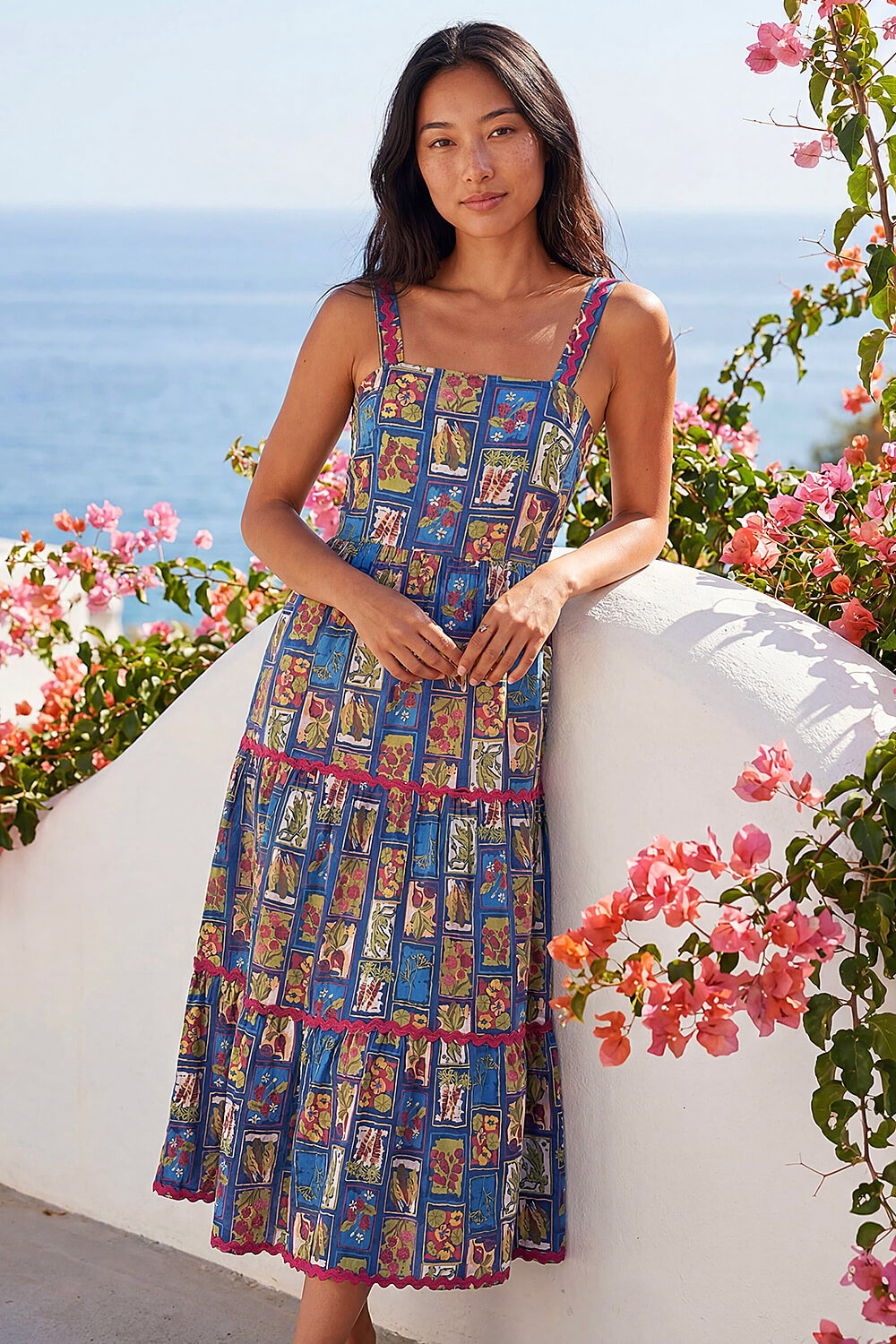 Navy Petite Print Ric Rac Tiered Midi Dress, Image 3 of 4