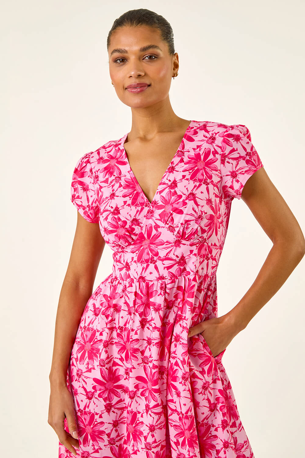 PINK Floral Print Midi Tea Dress, Image 5 of 5