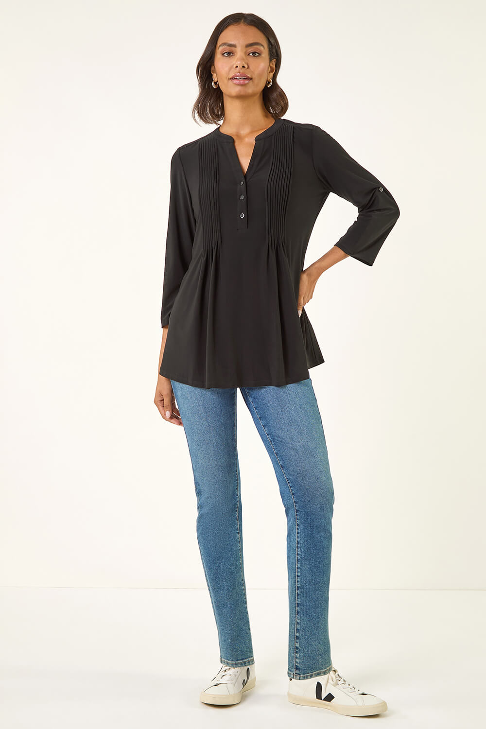 Black Pintuck Button Stretch Top, Image 3 of 5