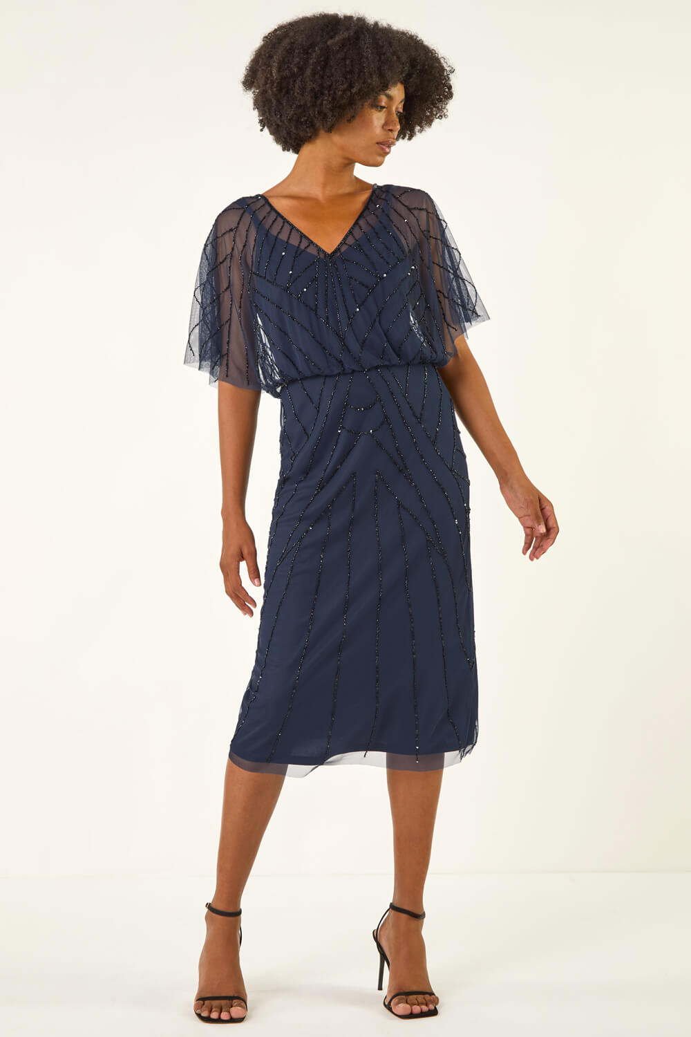Midnight Blue Embellished V-Neck Midi Dress, Image 3 of 5