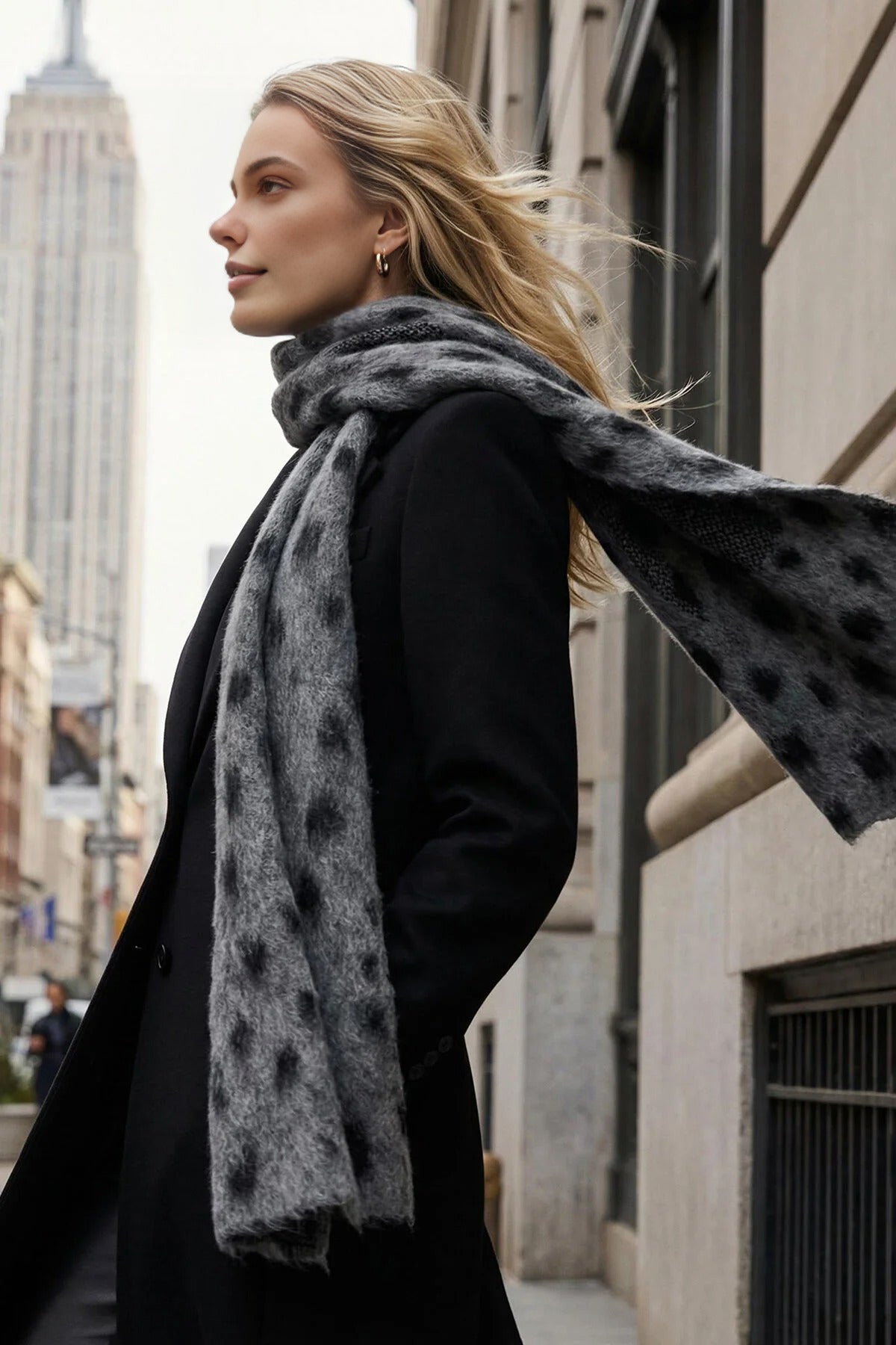 Grey Leopard Print Brushed Knit Soft Winter Scarf, Image 1 of 4