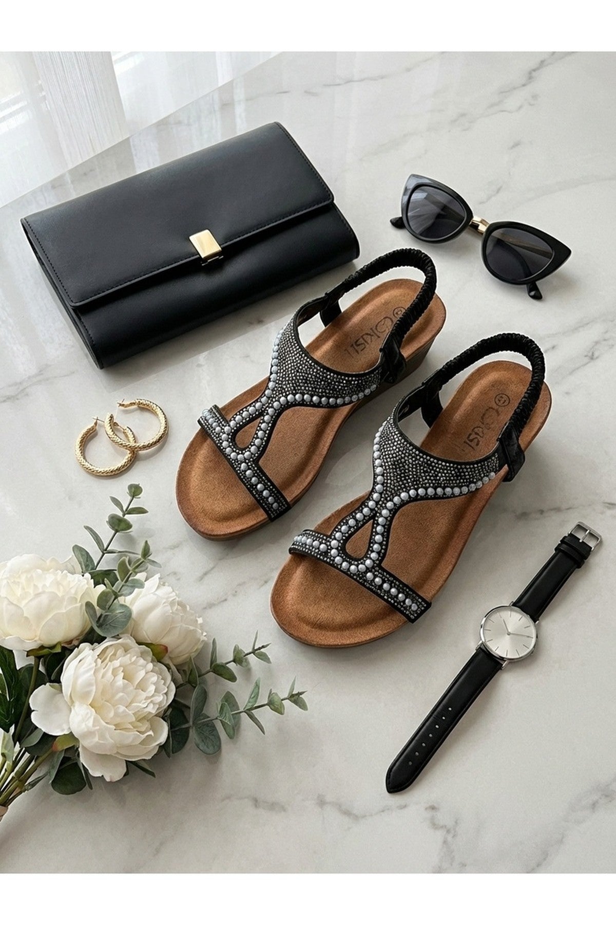 Black iKrush Black Violet Beaded Lattice Wedge Sandals, Image 5 of 8