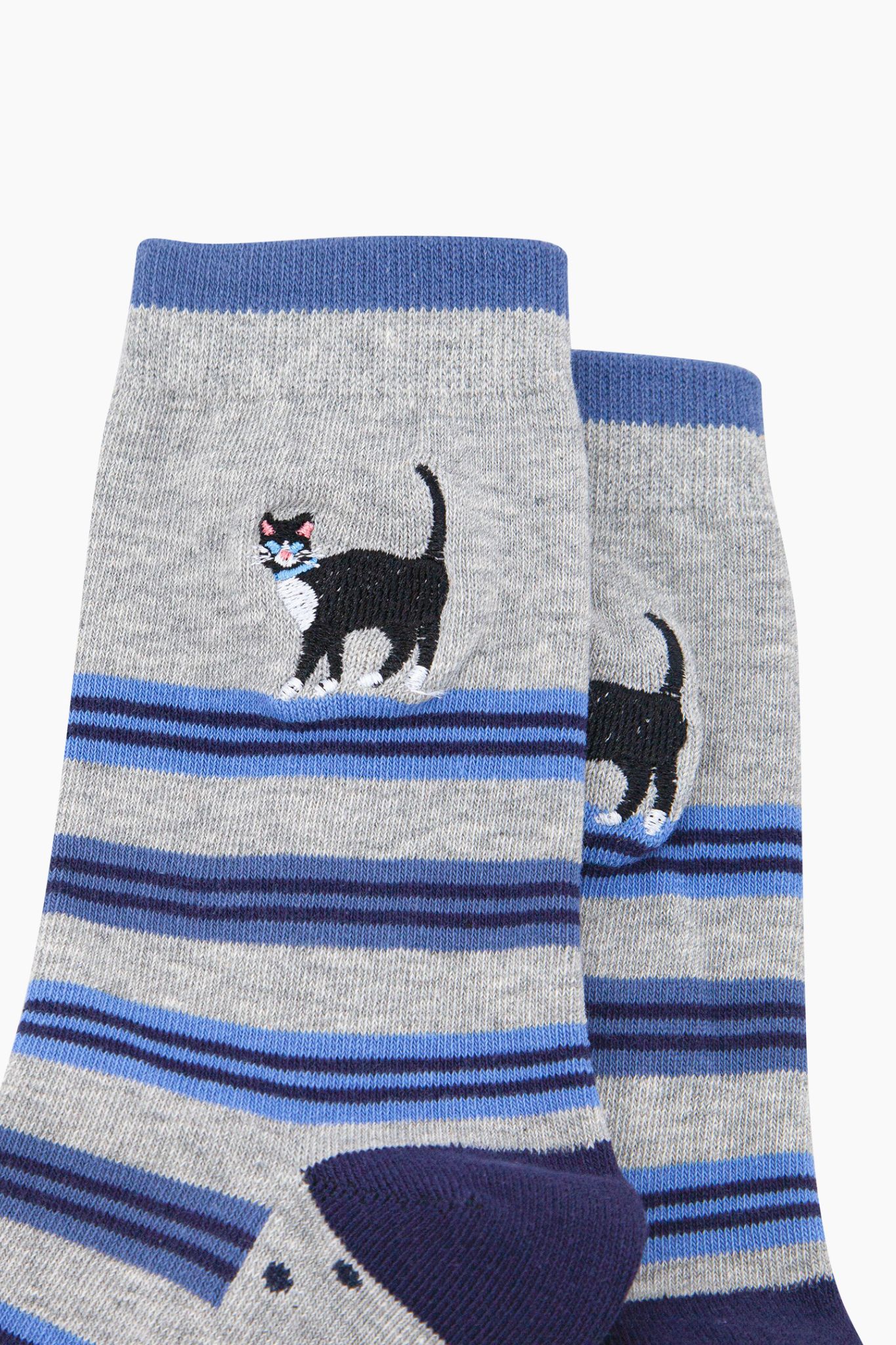 Grey Embroidered Cat Combed Cotton Socks, Image 2 of 4