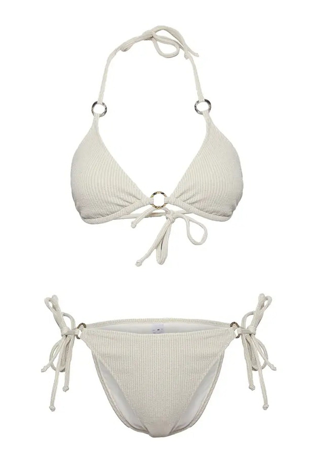 Beige Textured Triangle Bikini Set with Ring Detail and Tie Side Bottom, Image 2 of 4