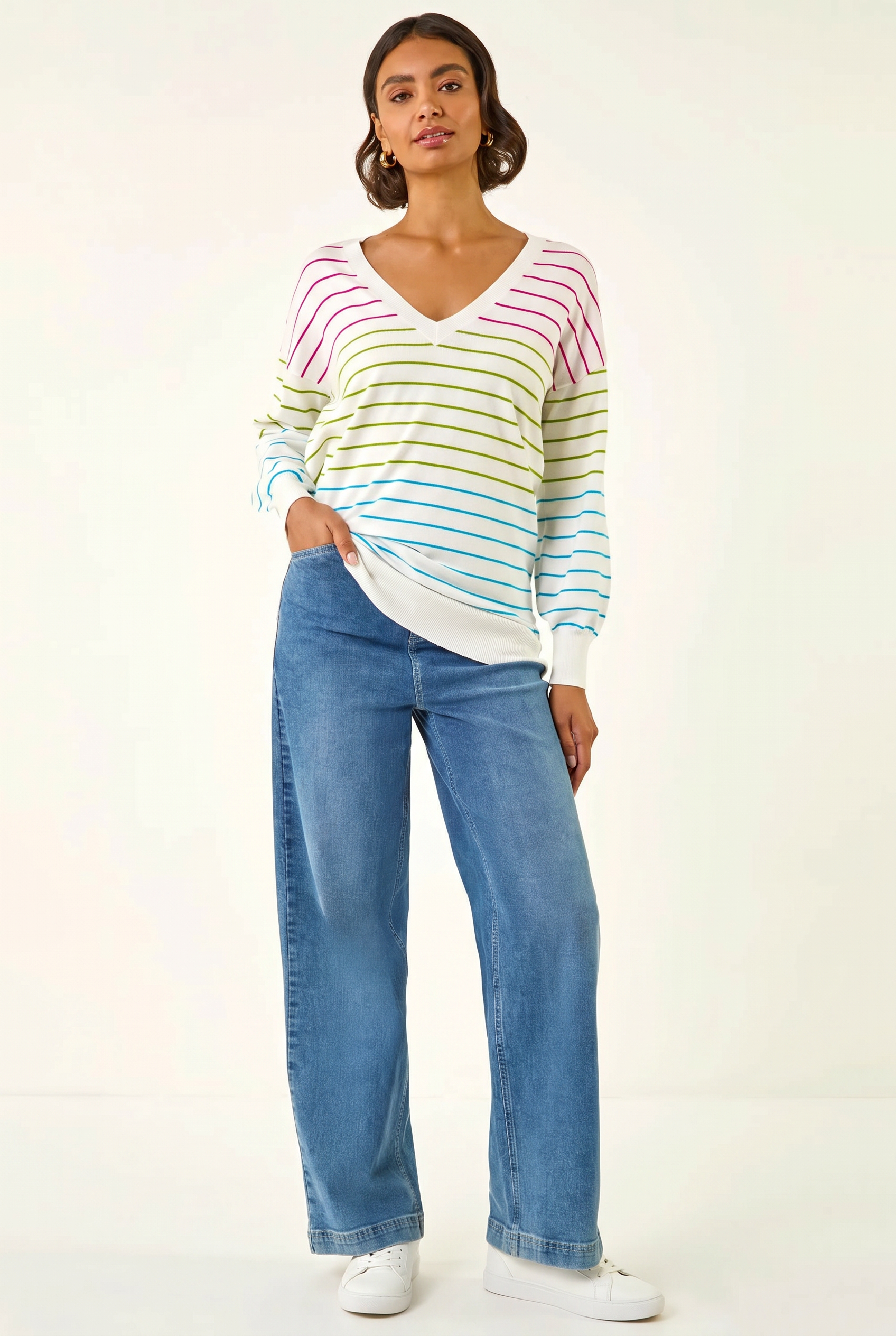 Roman Women's Ivory Stripe Boyfriend Knit Jumper Size 18