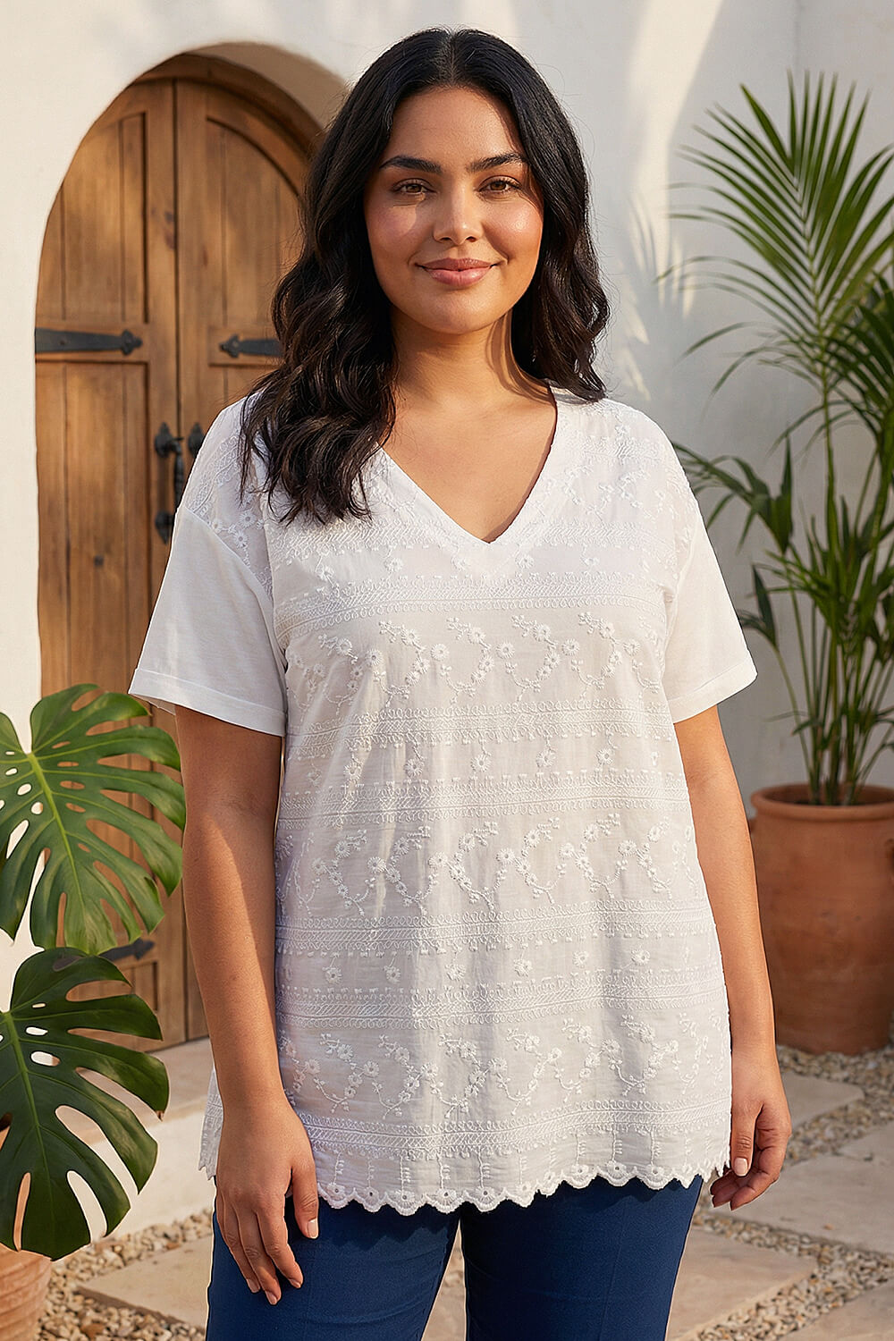 Ivory Curve Textured V-Neck Top, Image 1 of 4