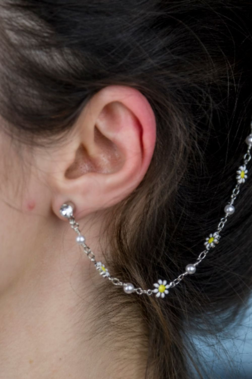 Gold Sunflower Tassel Pearl Long Dangle Ear Cuff, Image 1 of 2
