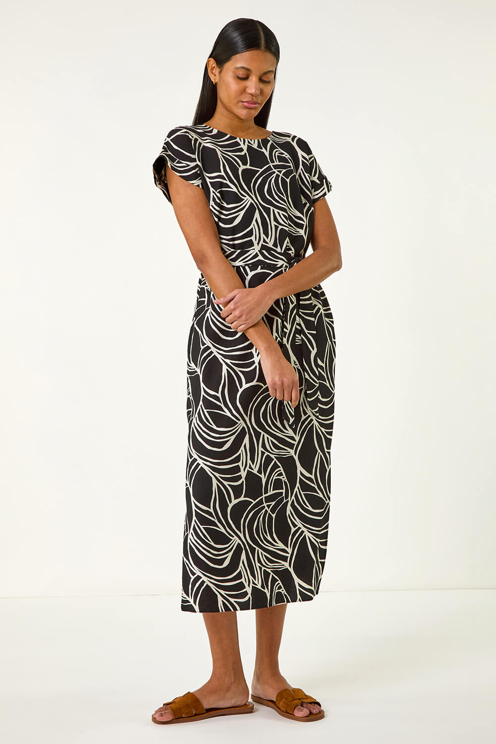 Black Linear Textured Midi Dress, Image 1 of 5