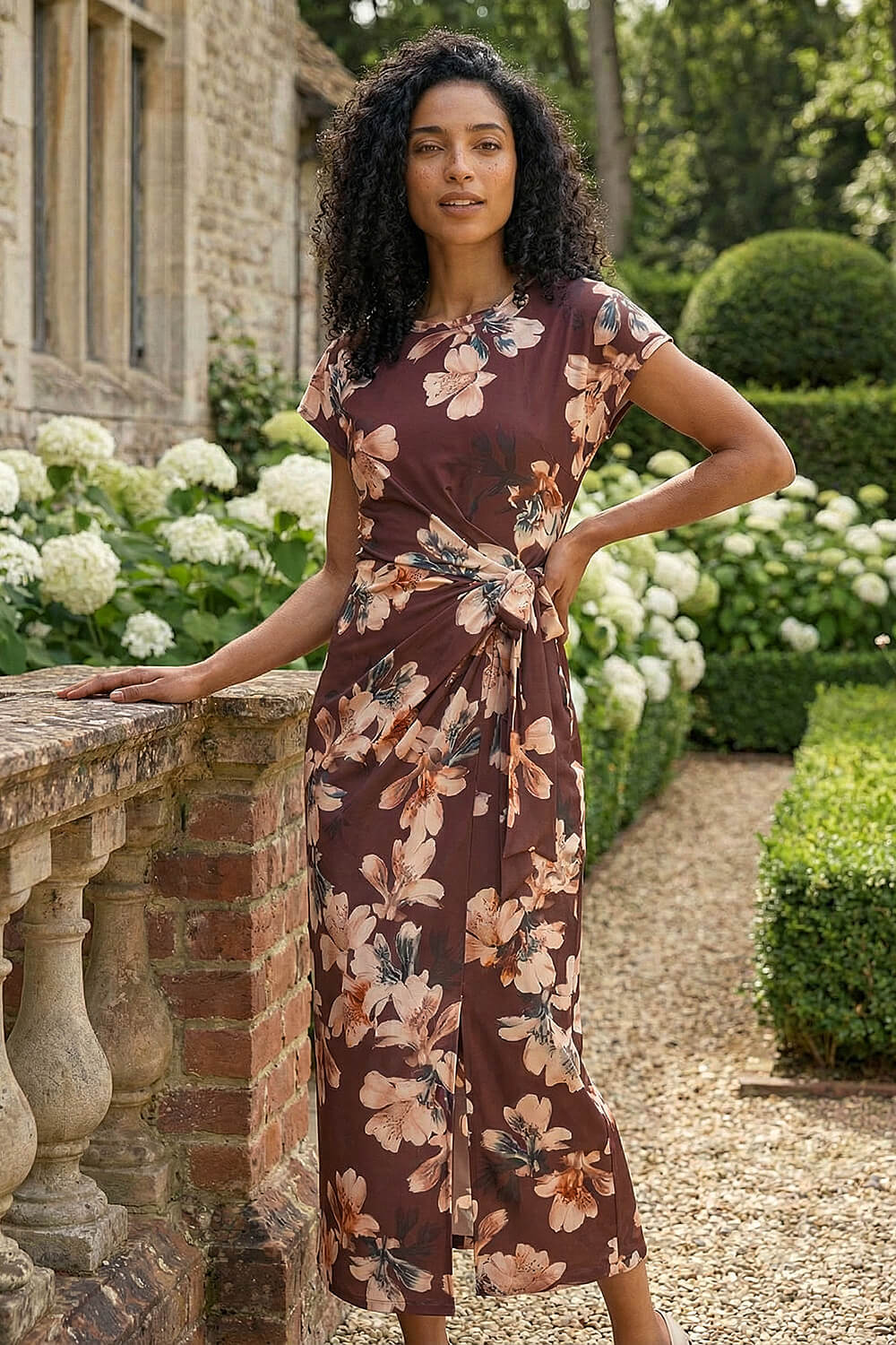 Brown Floral Twist Stretch Dress, Image 3 of 4