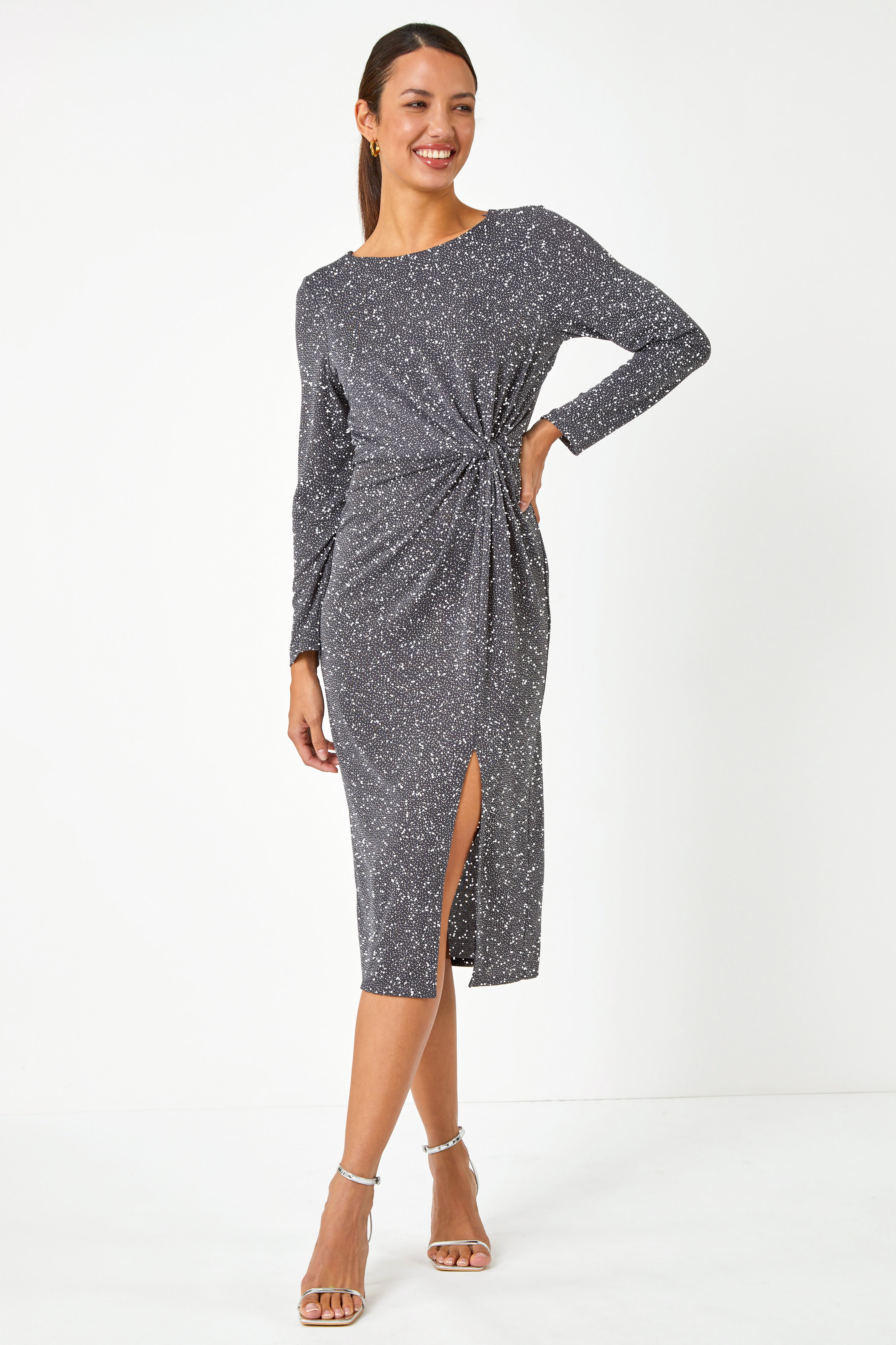 Grey Glitter Twist Detail Stretch Dress, Image 1 of 5