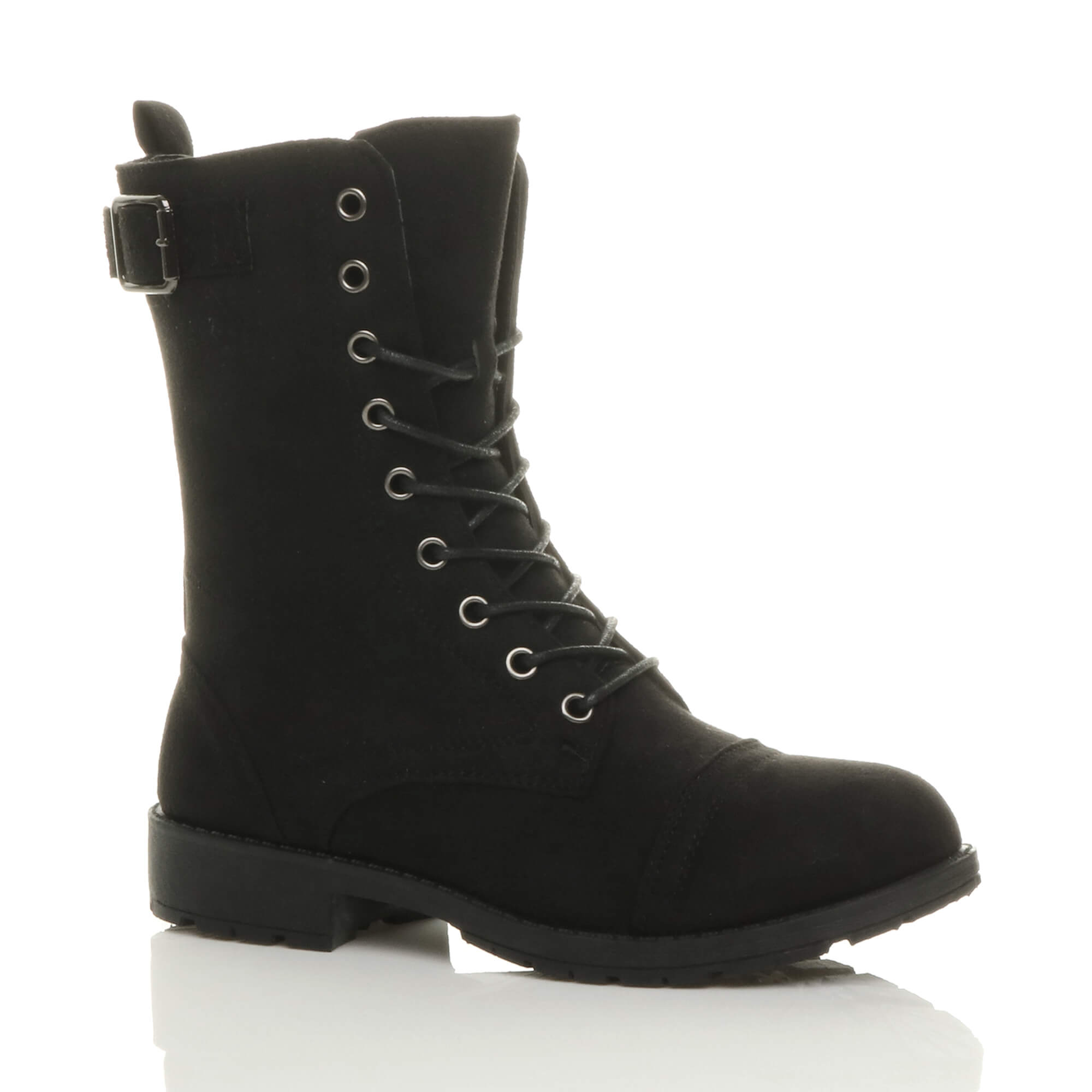 Black Lace Up Buckles Military Biker Ankle Boots, Image 1 of 6