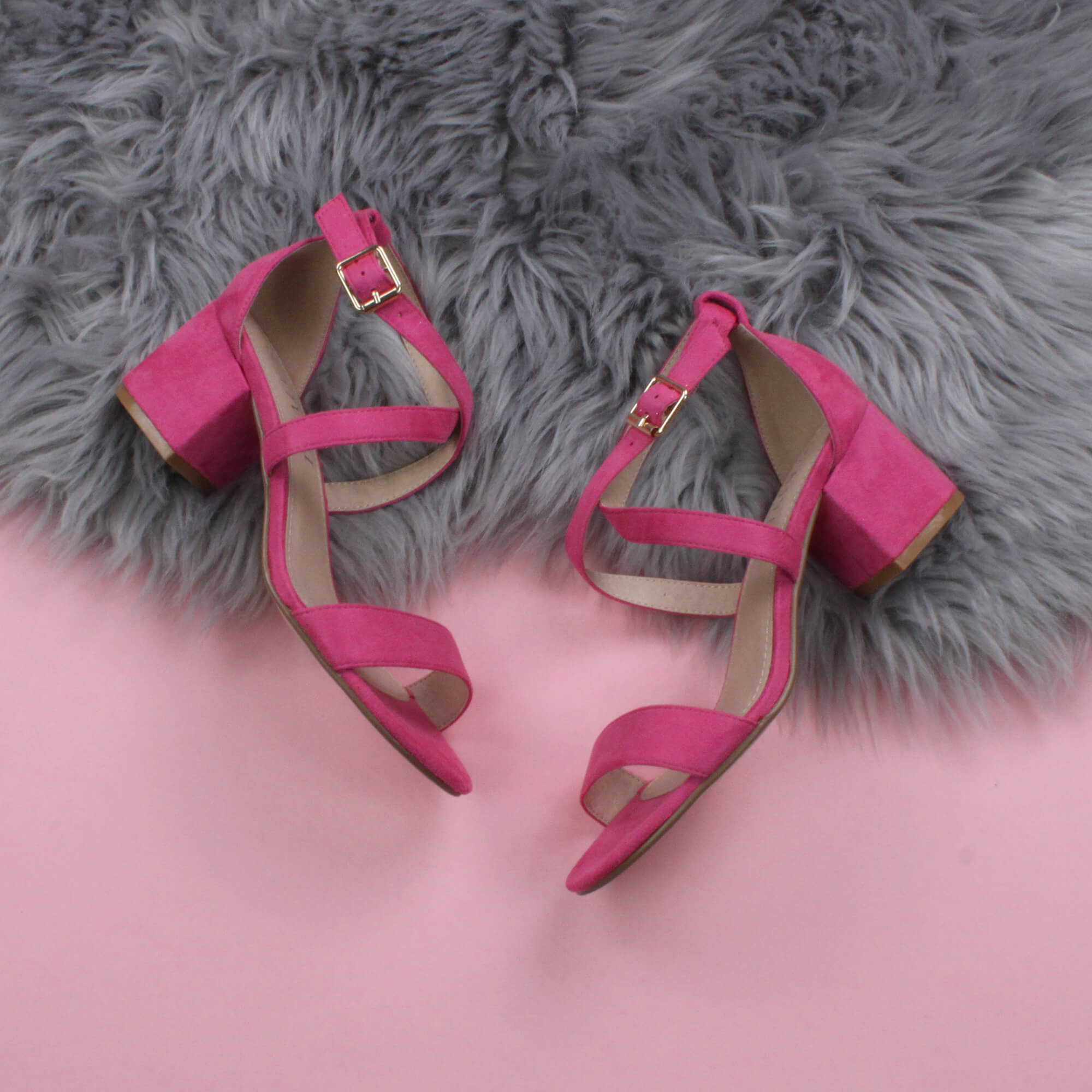 Fuchsia AJVANI Fuchsia Mid Block Heel Crossed Straps Sandals, Image 4 of 6