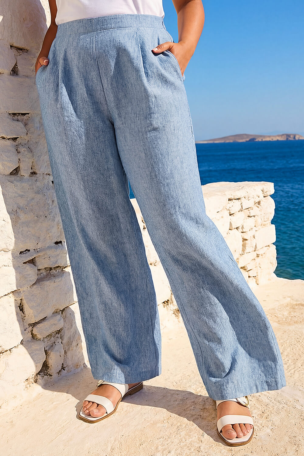 Denim Curve Textured Wide Leg Trousers, Image 3 of 4