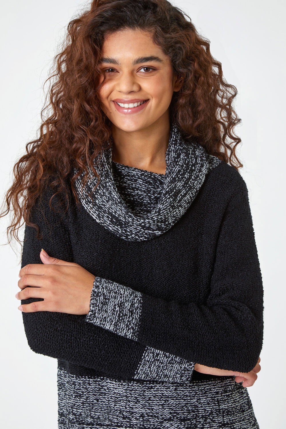 Black Contrast Cowl Neck Longline Jumper, Image 5 of 5