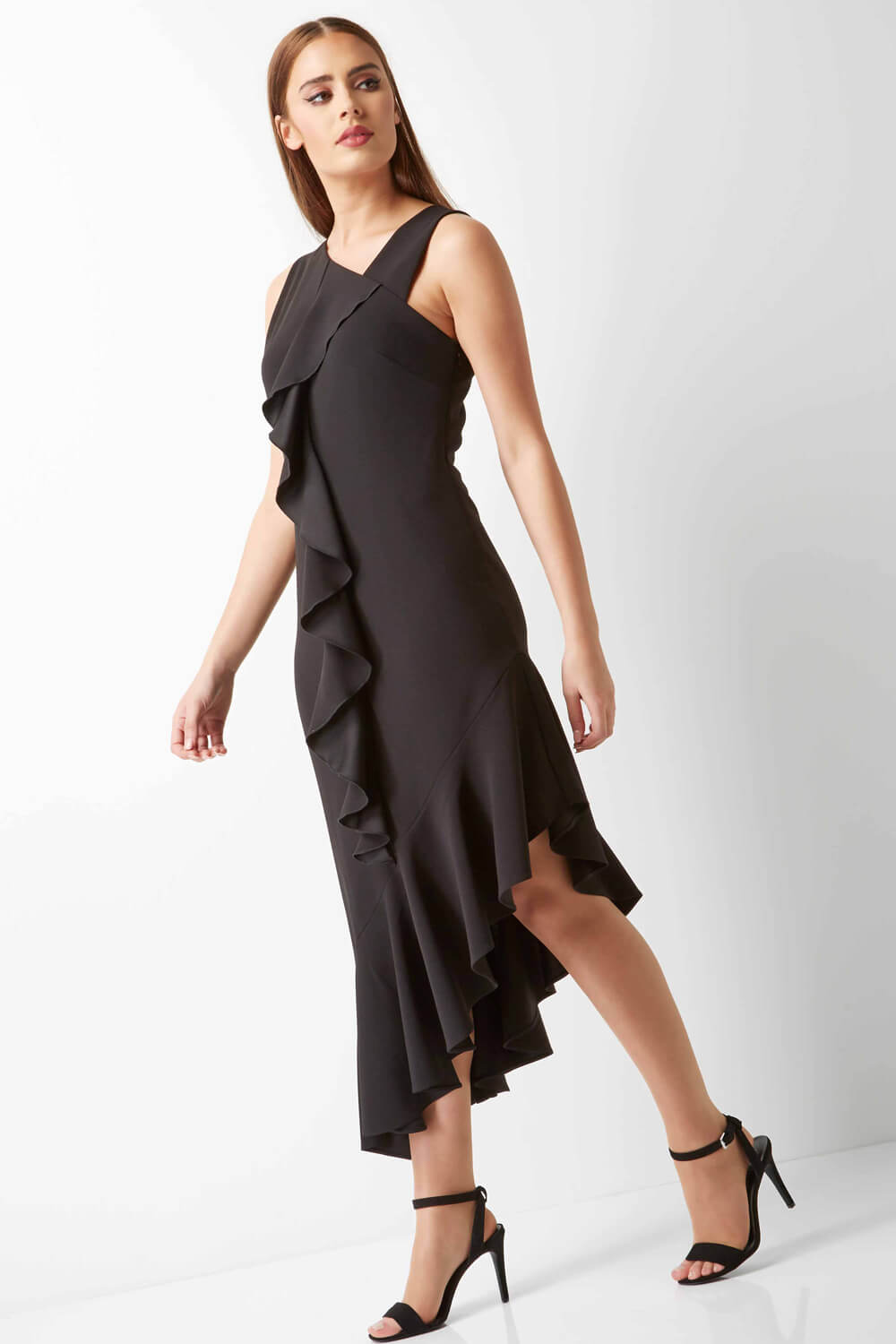 Black Asymmetric Hem Ruffle Dress, Image 6 of 6