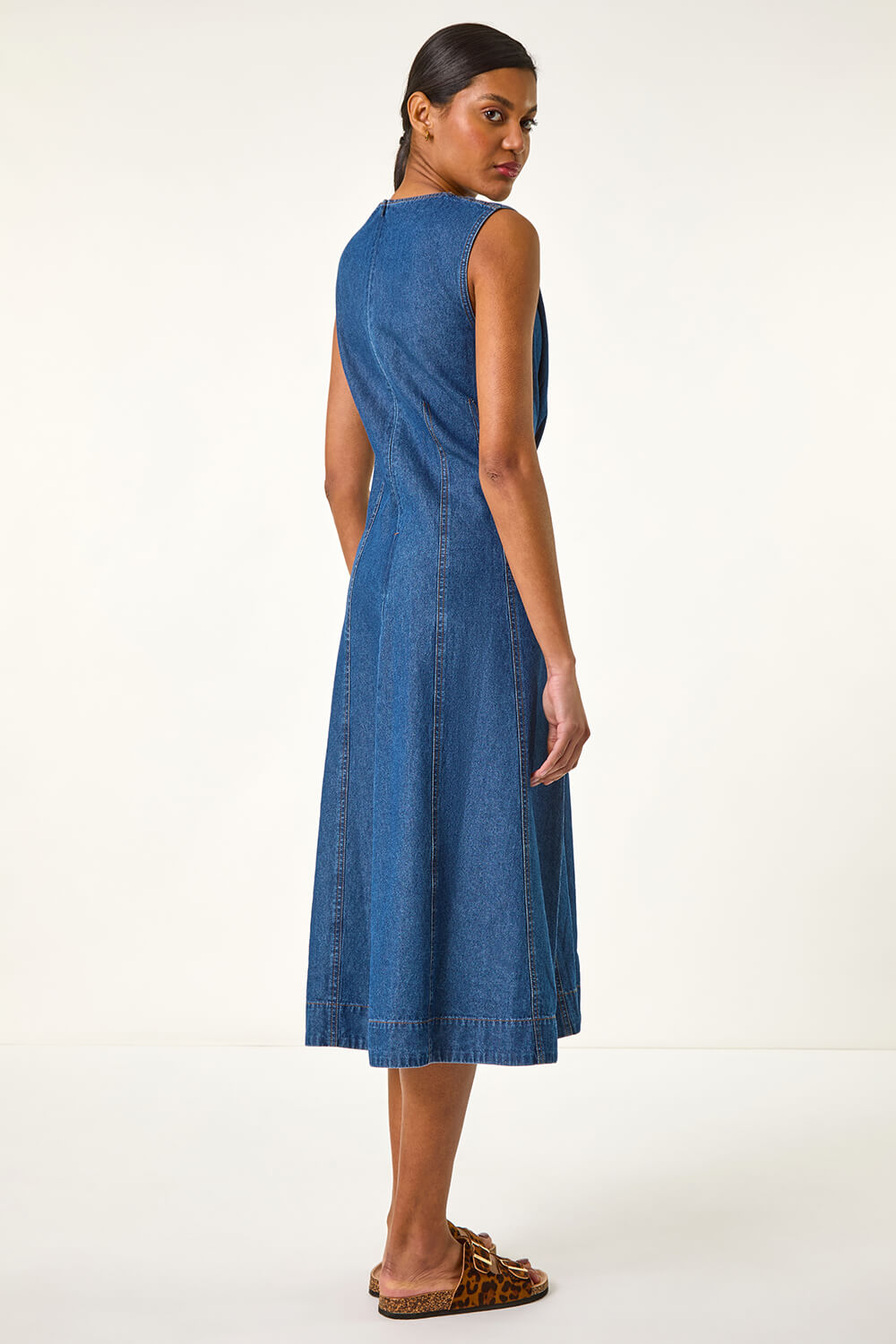 Denim Panel Detail Midi Dress, Image 4 of 7
