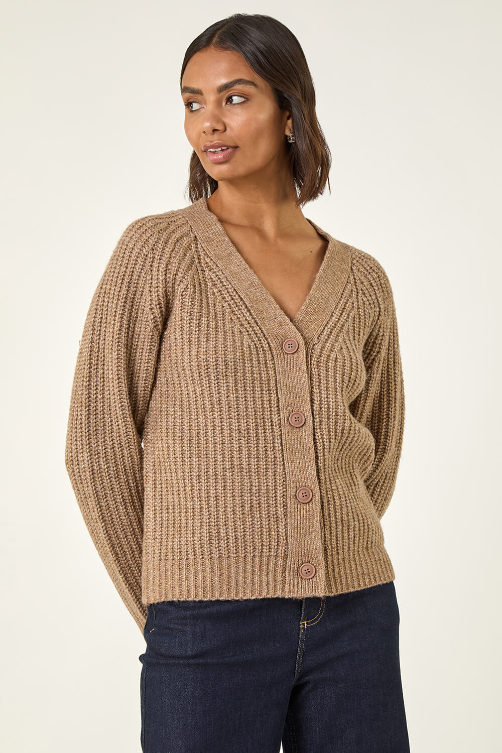 Beige Metallic Button Knit Cardigan, Image 6 of 6