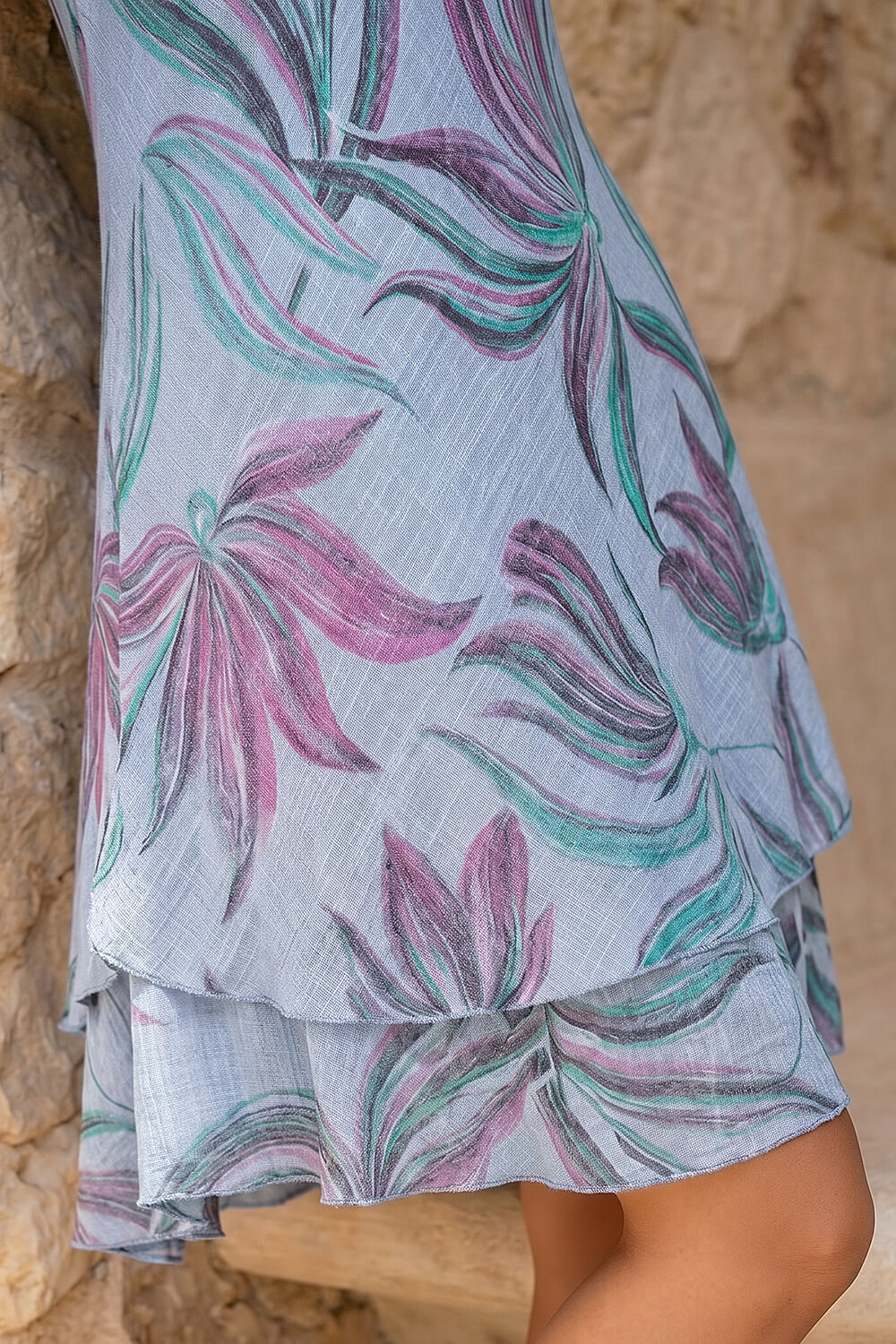 Blue Petite Leaf Print Layered Hem Dress, Image 5 of 4