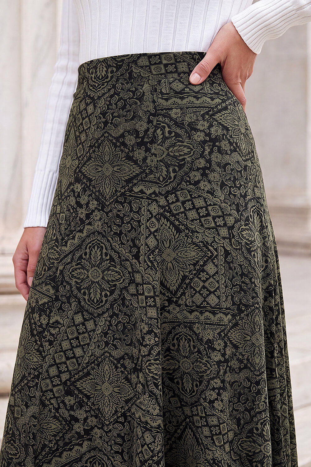 Khaki Abstract Midi Skirt, Image 5 of 4