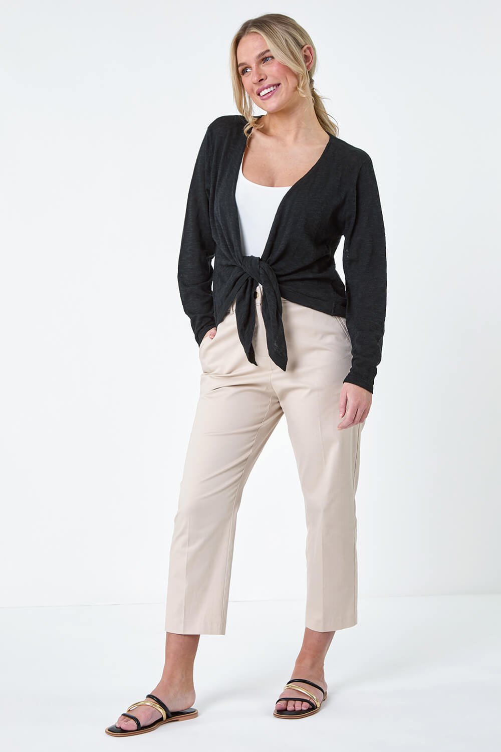 Black Petite Waterfall Front Cotton Knit Cardigan, Image 3 of 5