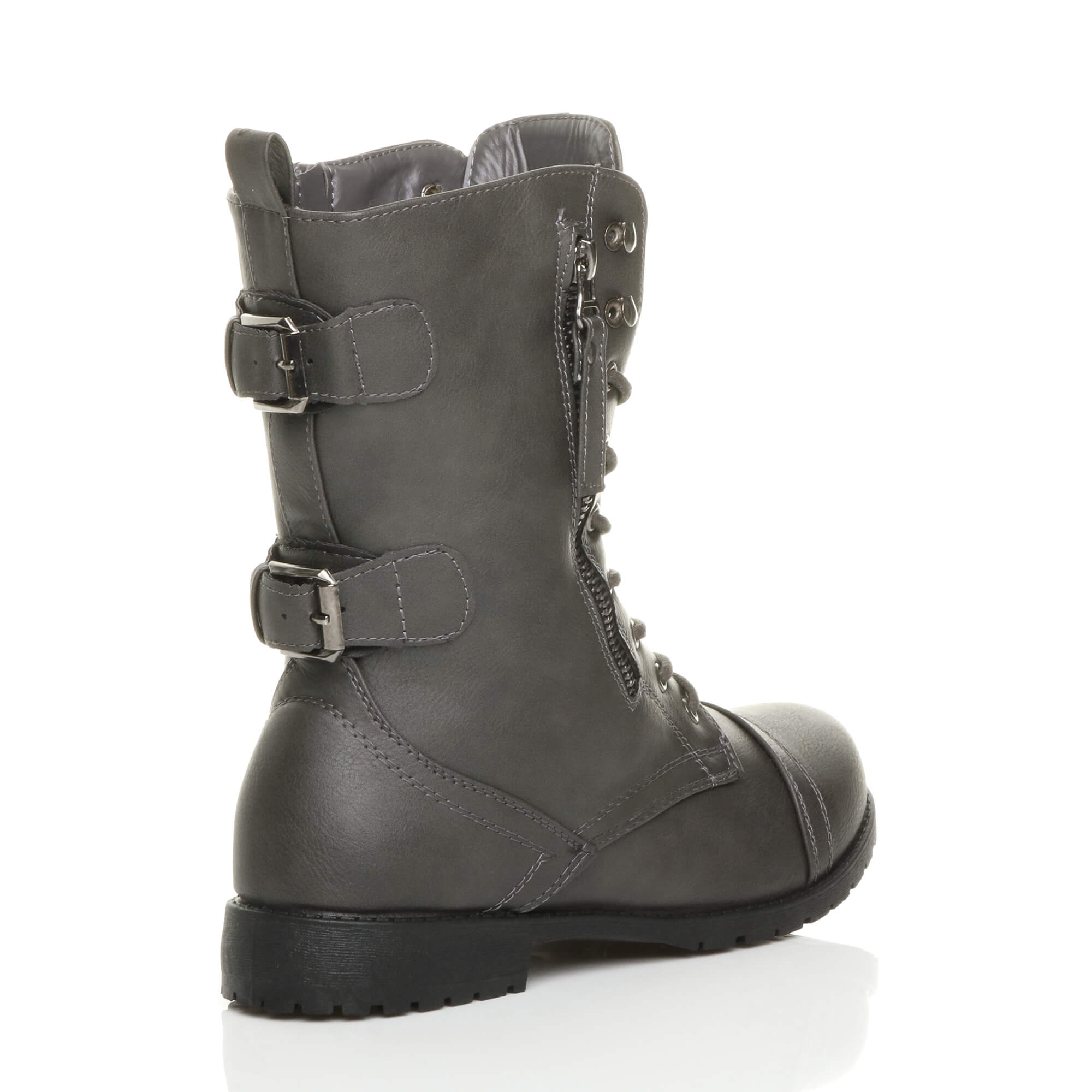 Grey AJVANI Grey Lace Up Zips Military Biker Ankle Boots, Image 4 of 6