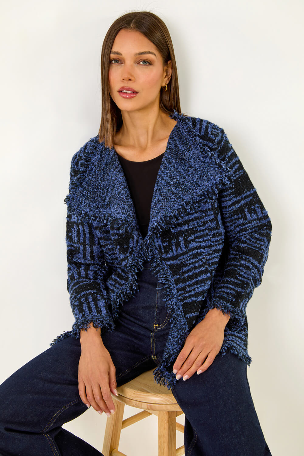Denim Blue Textured Fringe Collar Detail Cardigan, Image 3 of 5