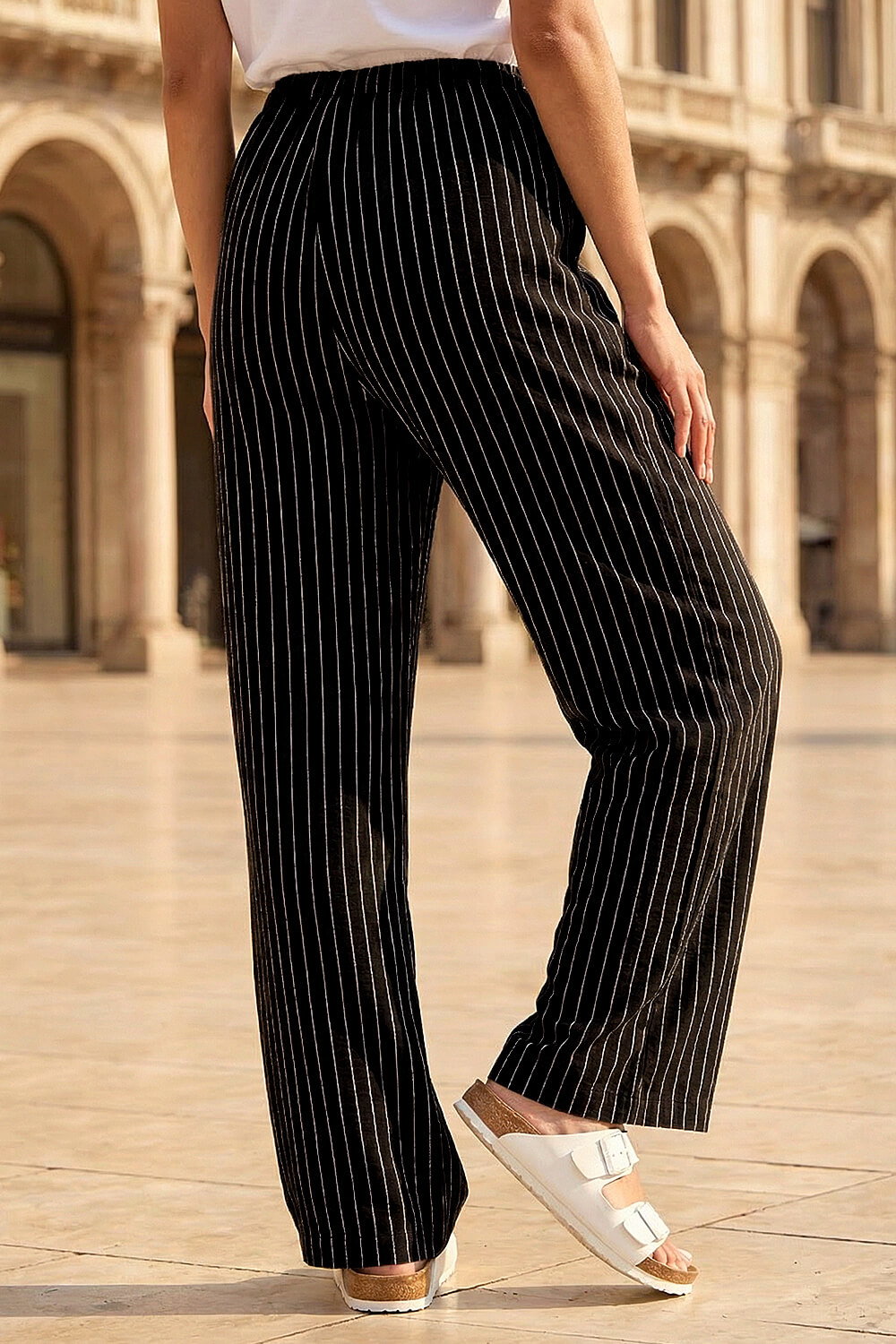 Black Petite Stripe Pull On Stretch Trouser, Image 4 of 4