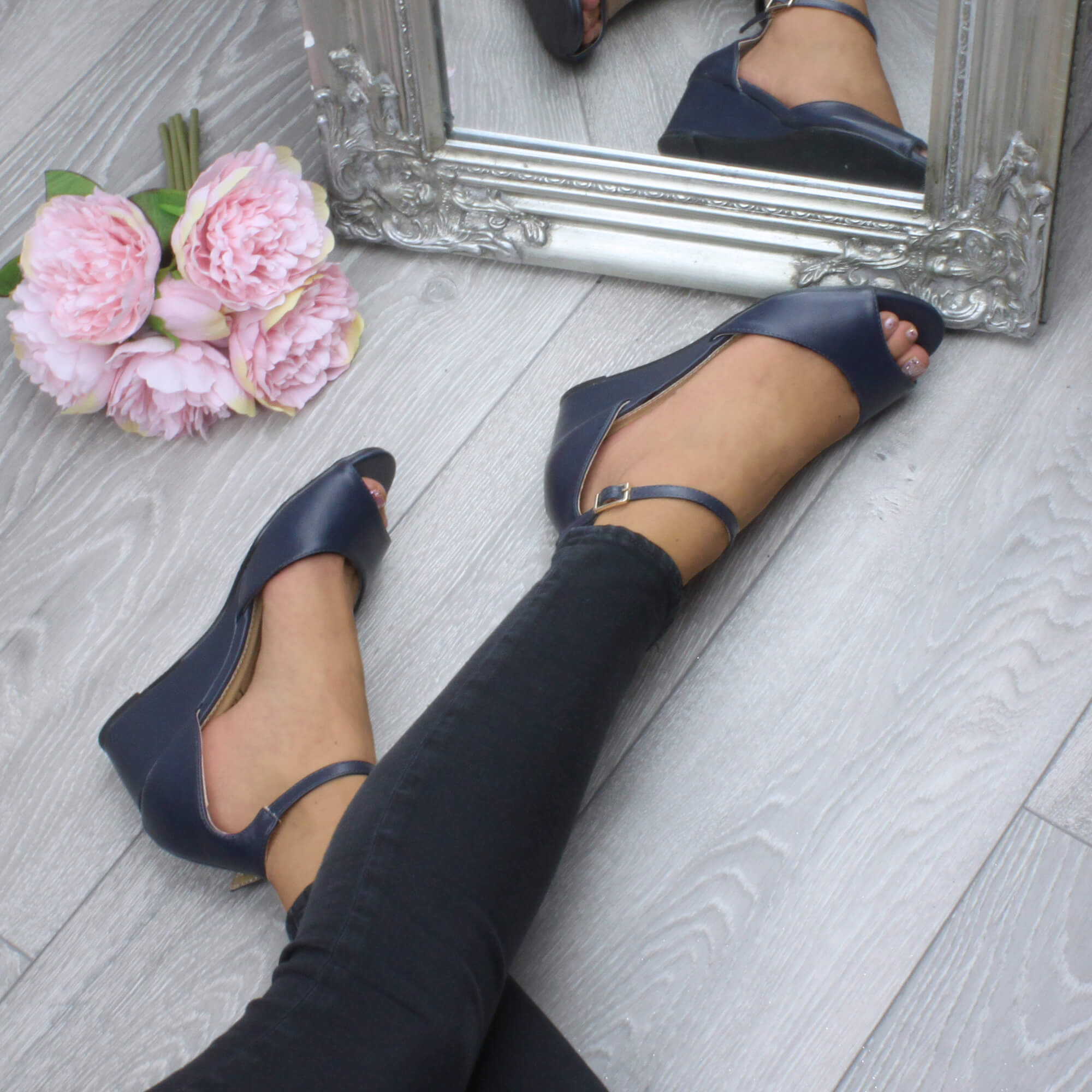 Navy Blue AJVANI Navy Blue Mid Wedge Heel Ankle Strap Sandals, Image 5 of 6