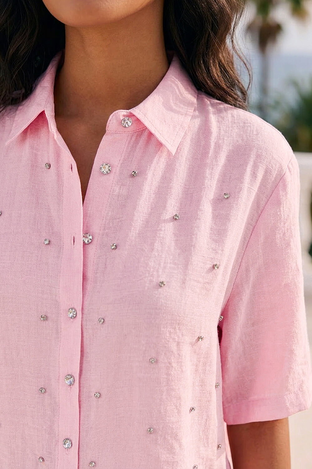 Light Pink Rhinestone Button Up Detail Collar Blouse, Image 5 of 4